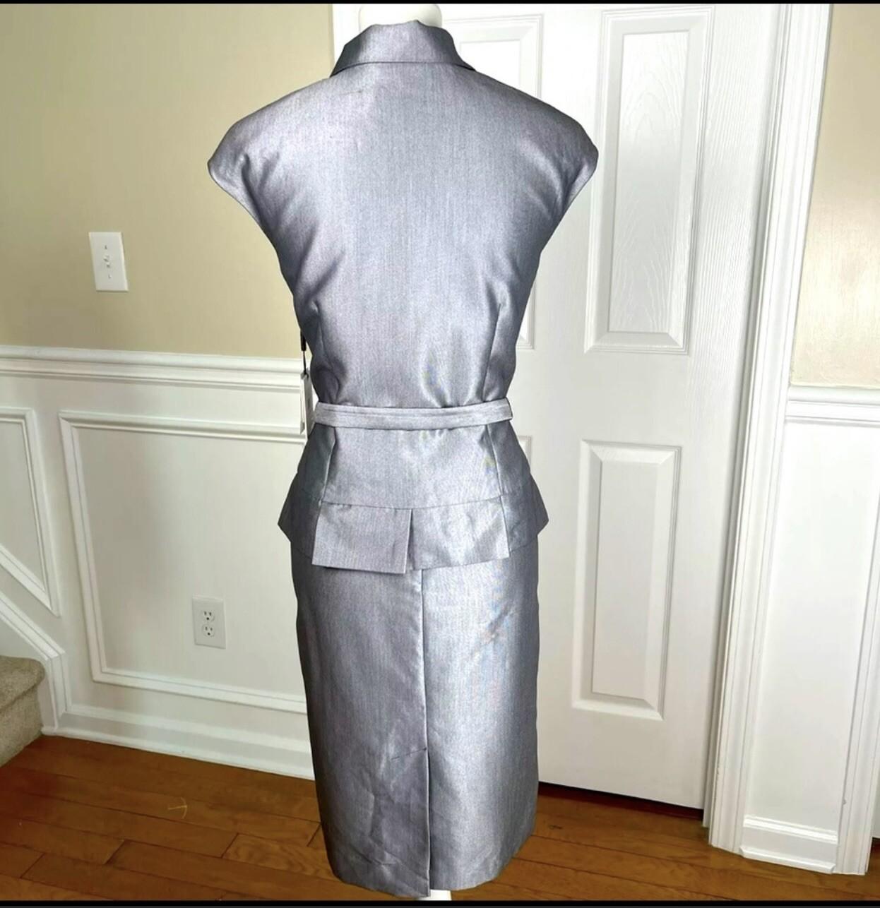 Calvin Klein Polyester Blend Skirt Suit 10 Silver Double Breasted Belted 2PC New