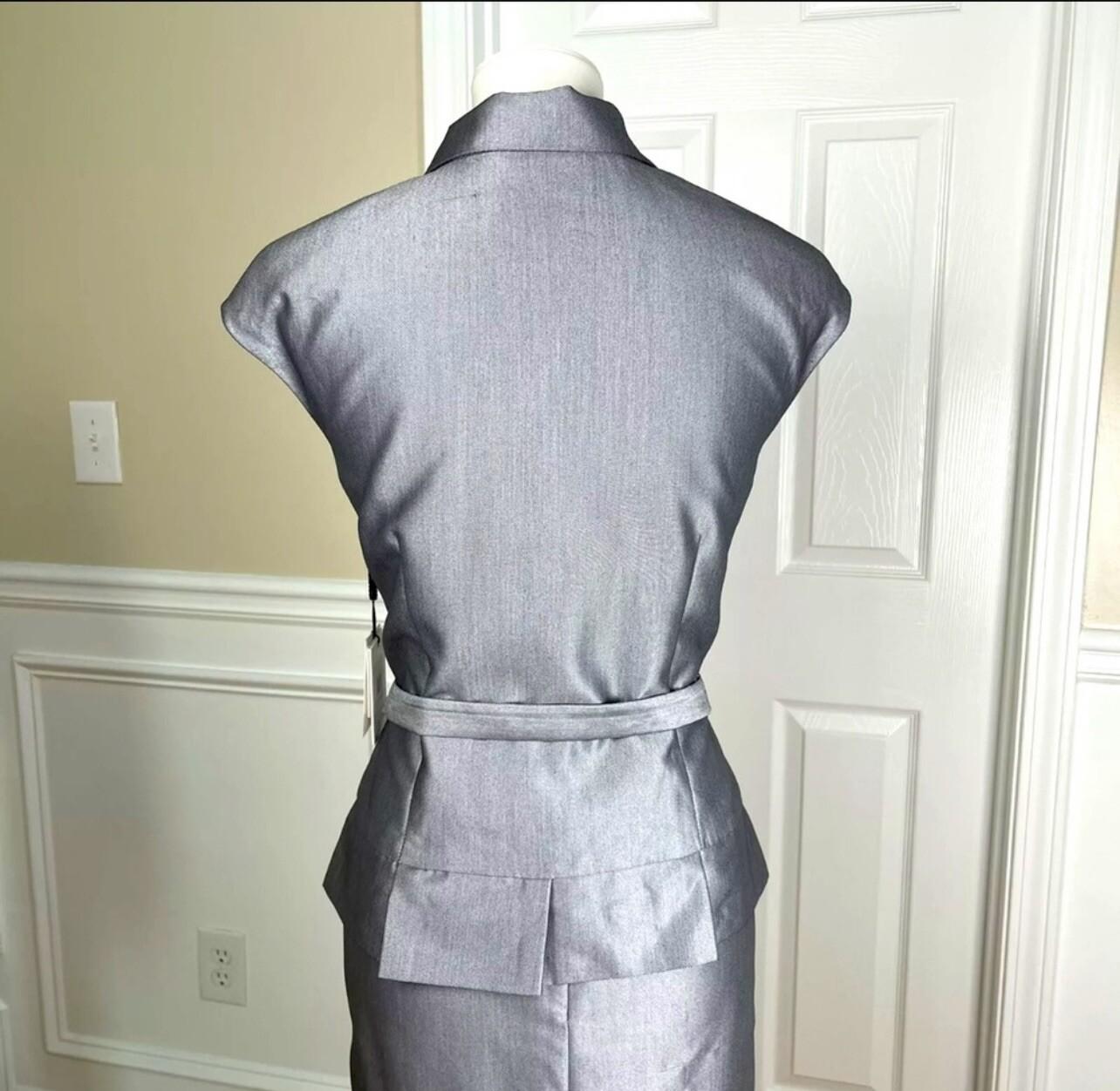 Calvin Klein Polyester Blend Skirt Suit 10 Silver Double Breasted Belted 2PC New