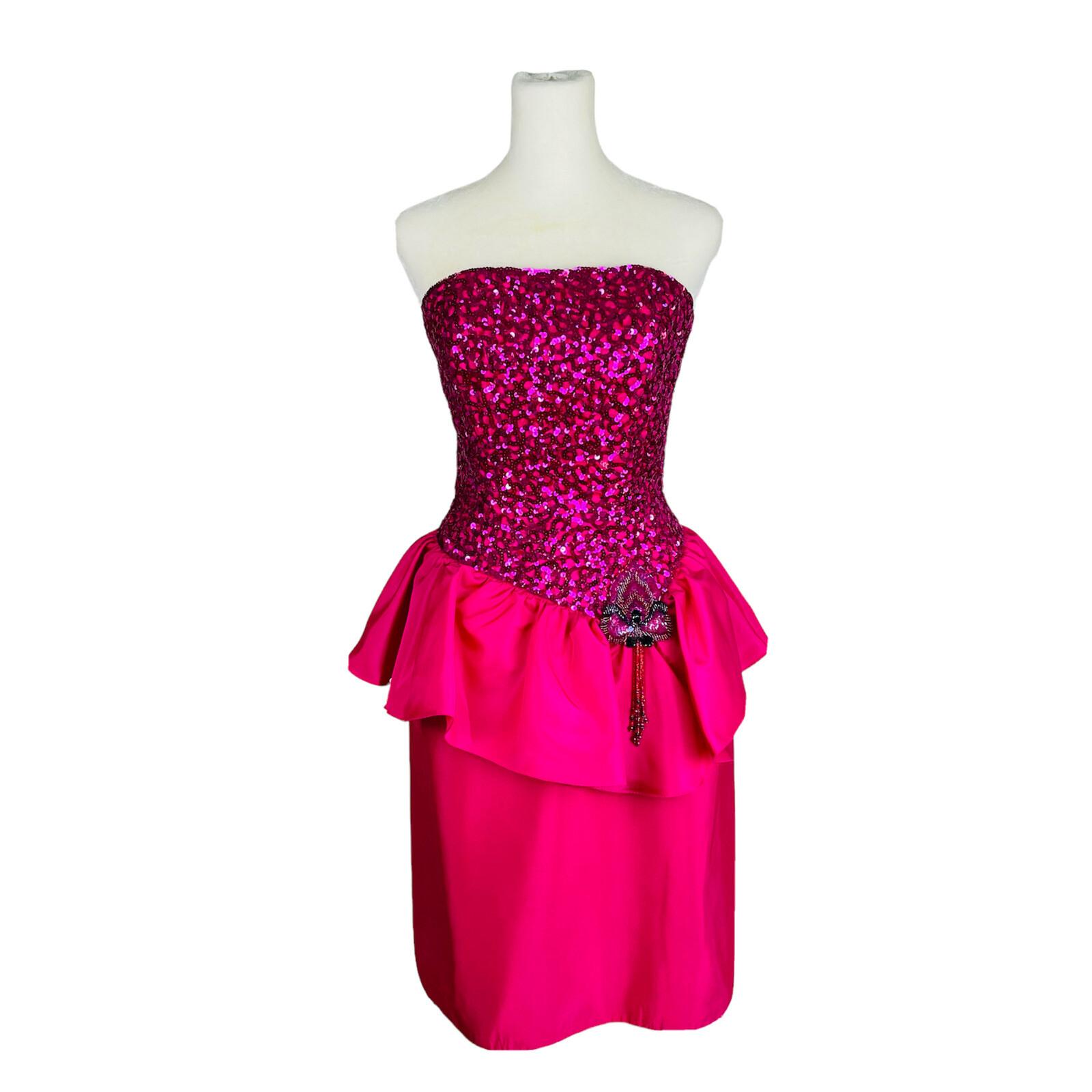 Mike Benet Polyester Prom Dress Size 8 Vintage Fuchsia Sequin Strapless Ruffle