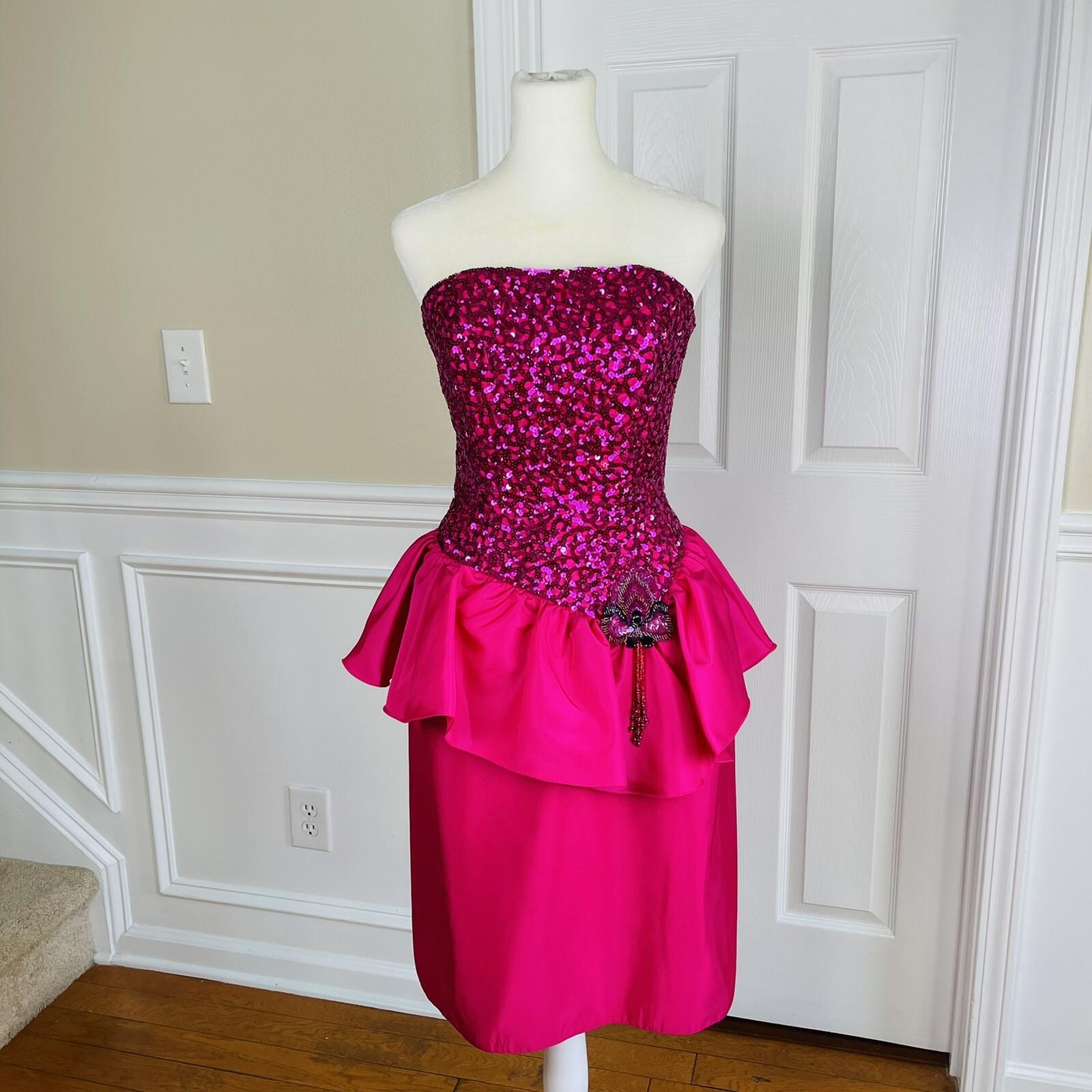 Mike Benet Polyester Prom Dress Size 8 Vintage Fuchsia Sequin Strapless Ruffle