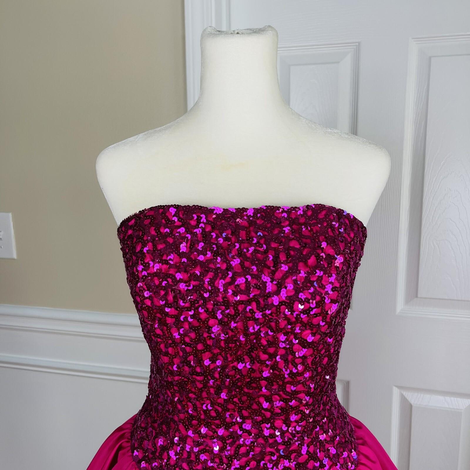 Mike Benet Polyester Prom Dress Size 8 Vintage Fuchsia Sequin Strapless Ruffle