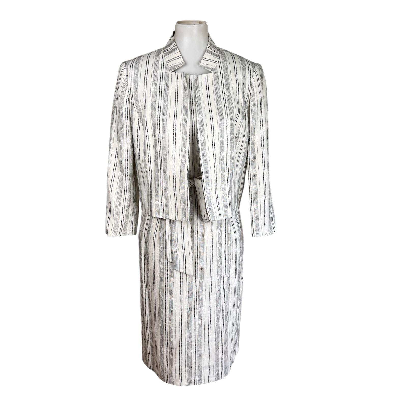 KASPER Women 2PC Off White Black Linen Viscose Belted Dress Suit Size 8