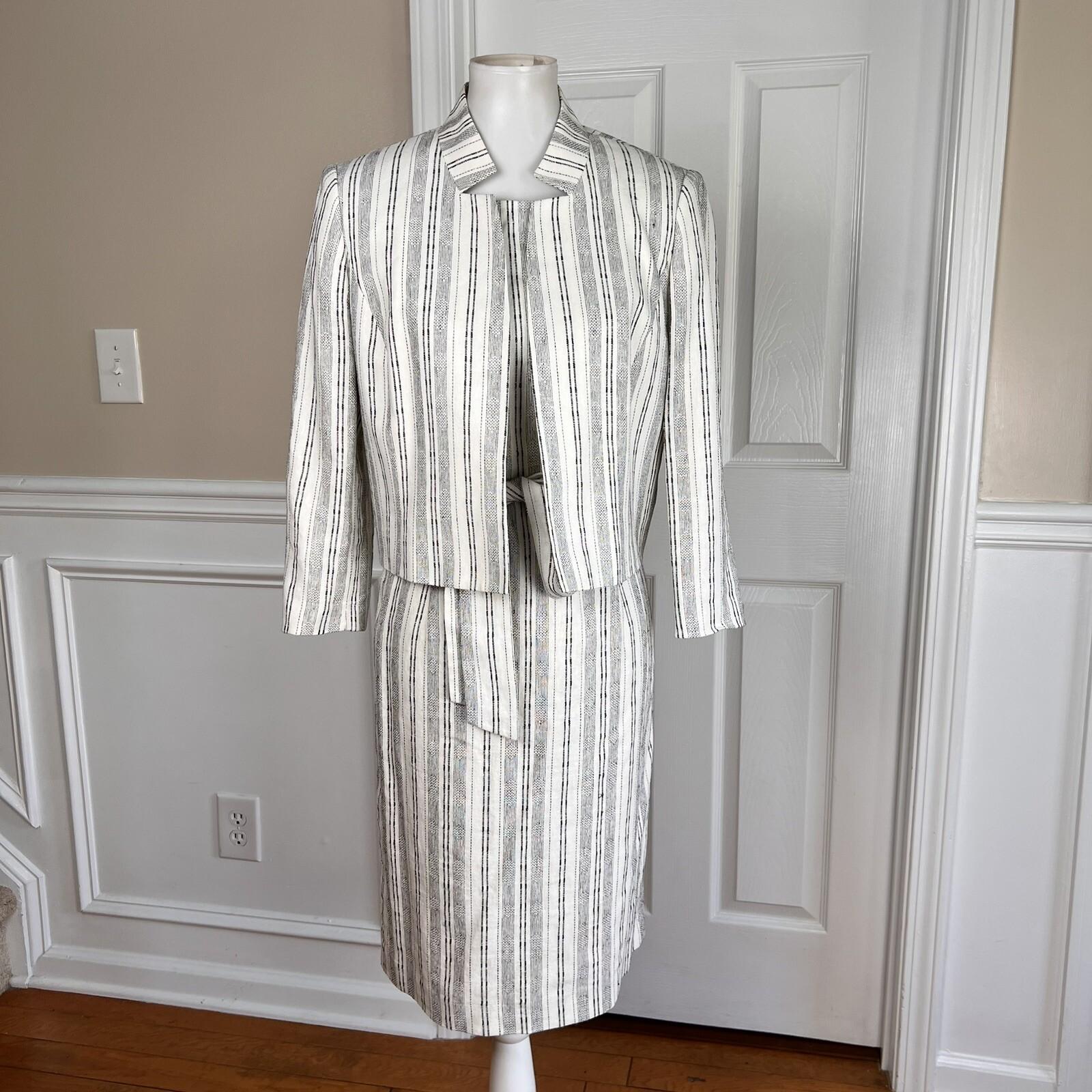 KASPER Women 2PC Off White Black Linen Viscose Belted Dress Suit Size 8