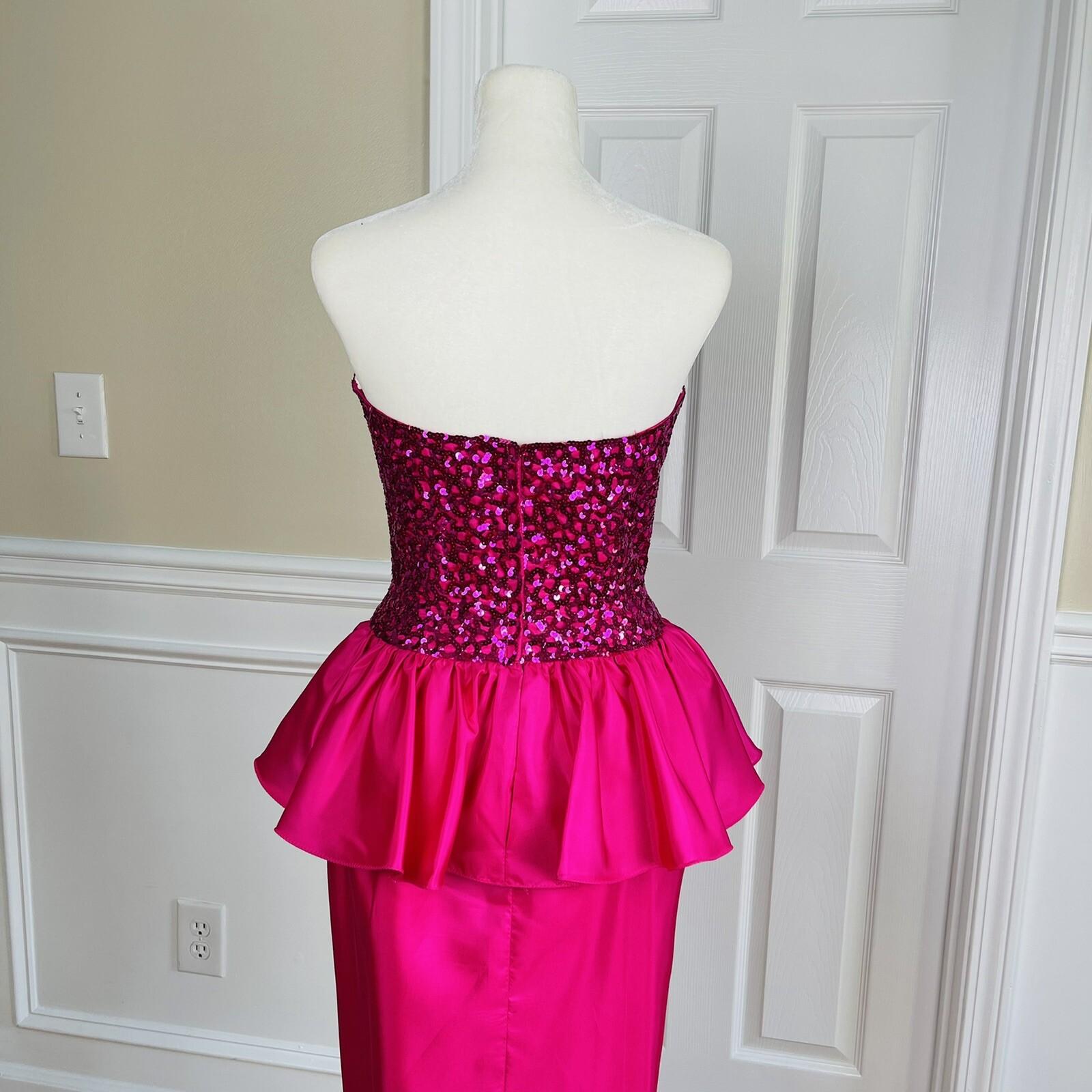 Mike Benet Polyester Prom Dress Size 8 Vintage Fuchsia Sequin Strapless Ruffle