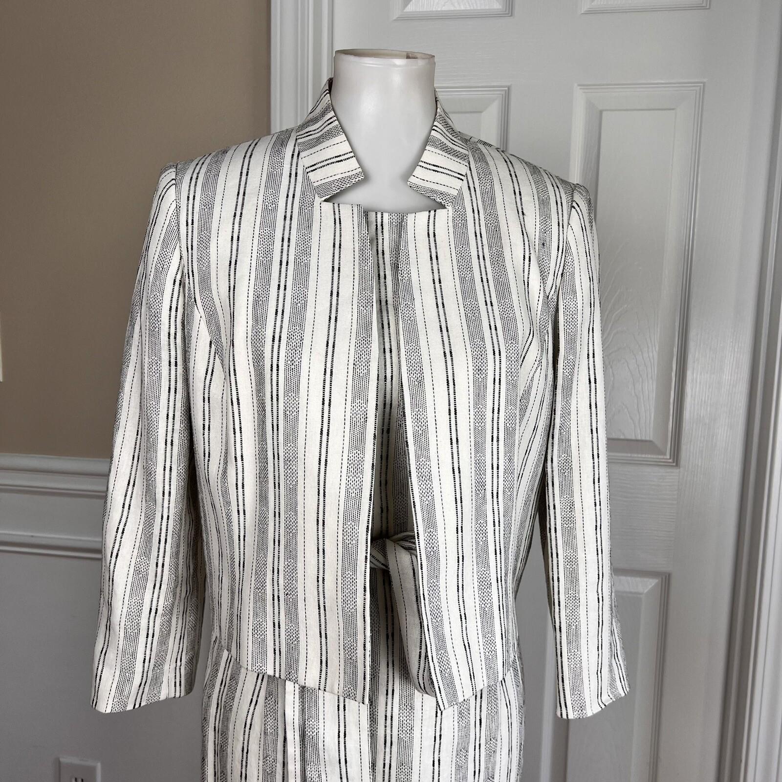 KASPER Women 2PC Off White Black Linen Viscose Belted Dress Suit Size 8