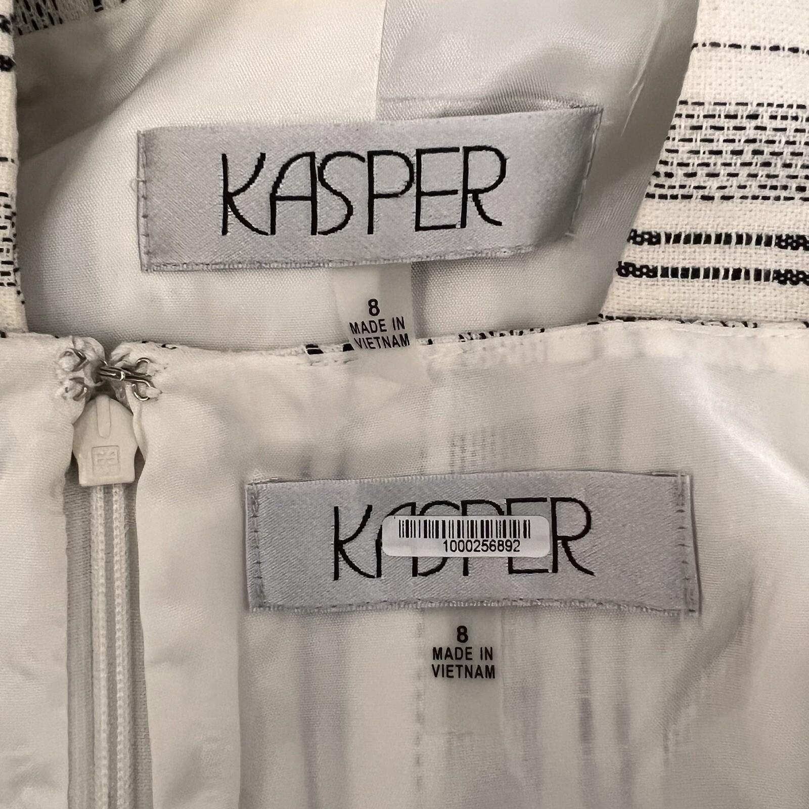 KASPER Women 2PC Off White Black Linen Viscose Belted Dress Suit Size 8