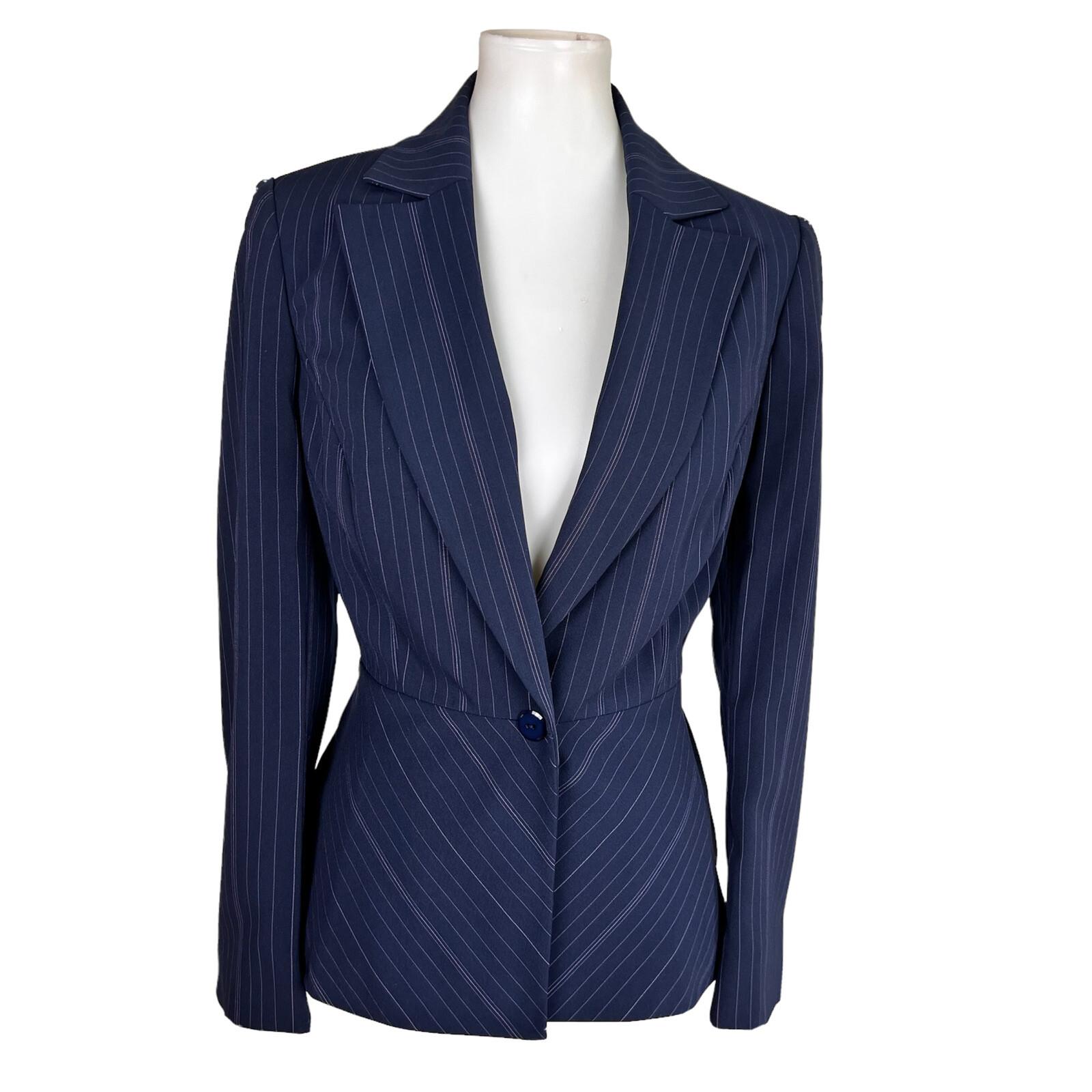 New LIZ CLAIBORNE Women Dark Blue Striped Polyester Rayon Lined Blazer Size 8
