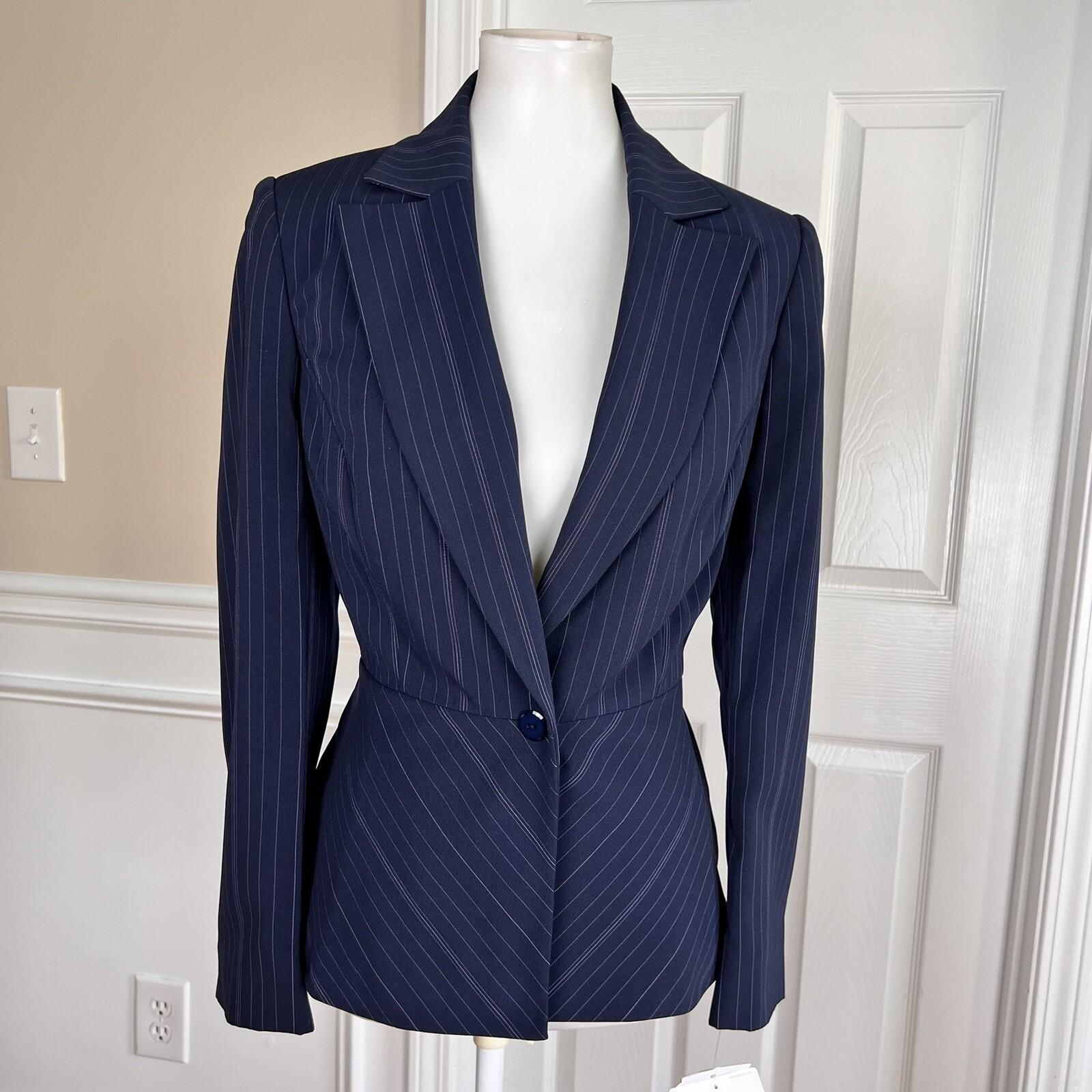 New LIZ CLAIBORNE Women Dark Blue Striped Polyester Rayon Lined Blazer Size 8