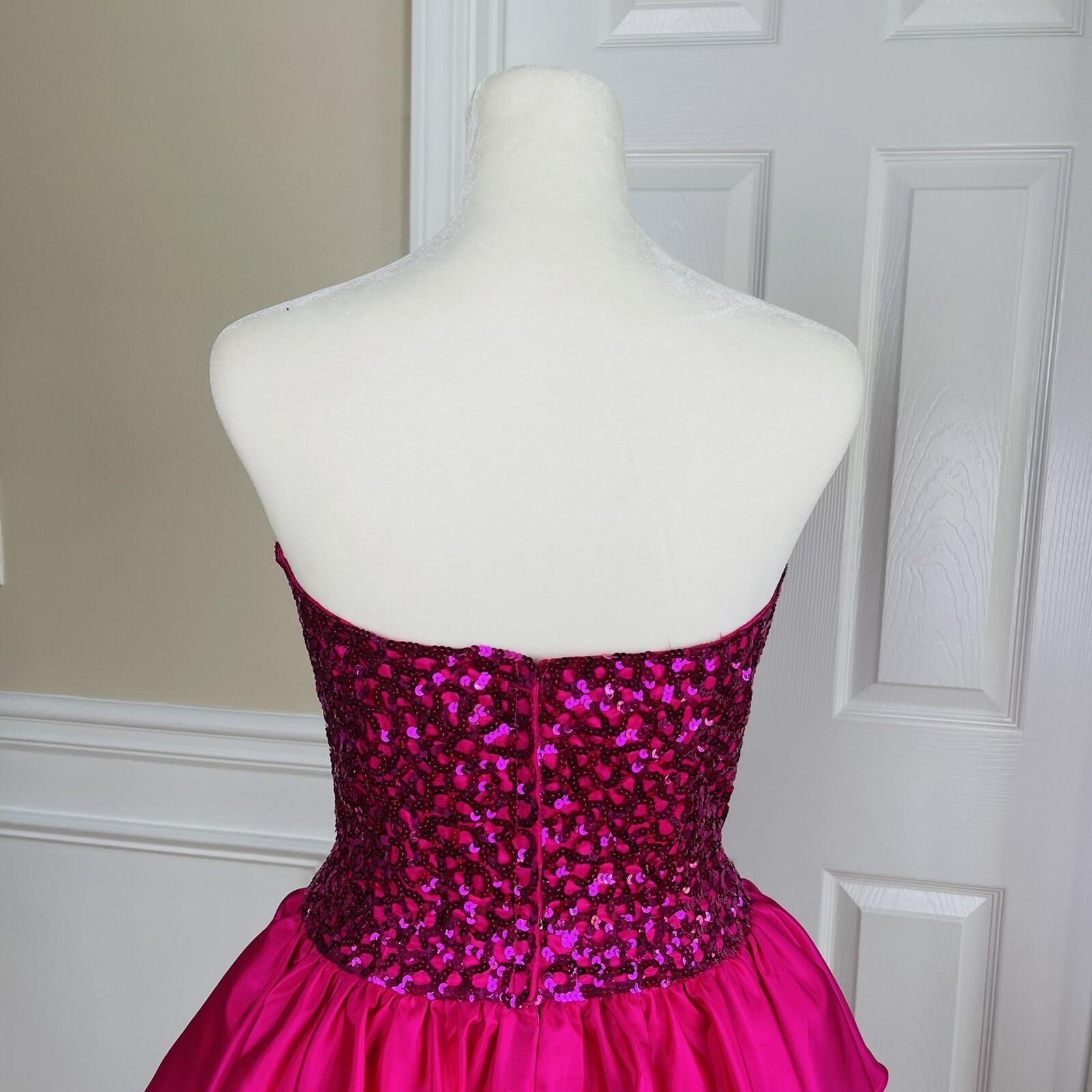 Mike Benet Polyester Prom Dress Size 8 Vintage Fuchsia Sequin Strapless Ruffle