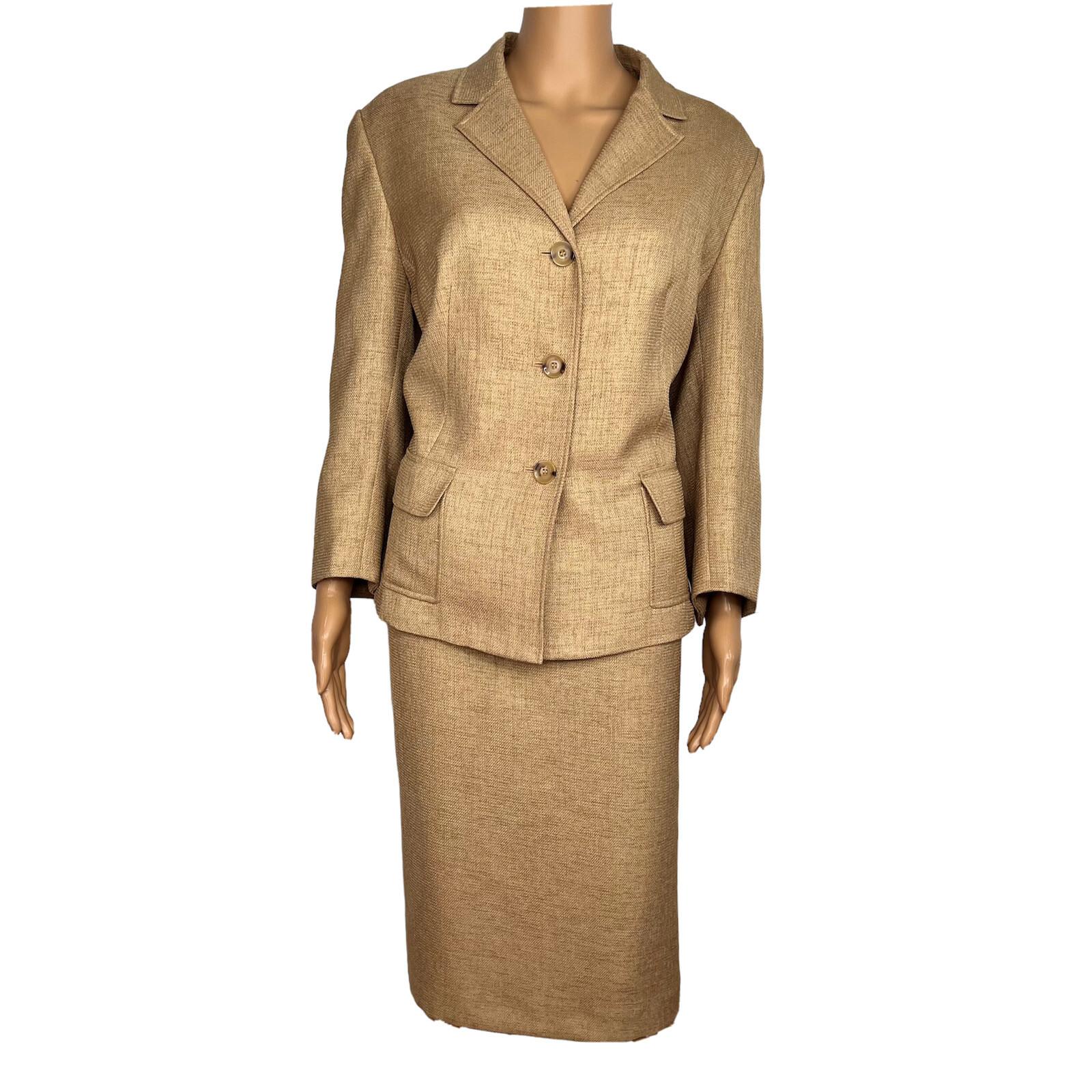 JONES WEAR 2PC Caramel Polyester Lined Notch Collar 3/4 Sleeves Skirt Suit SZ 16