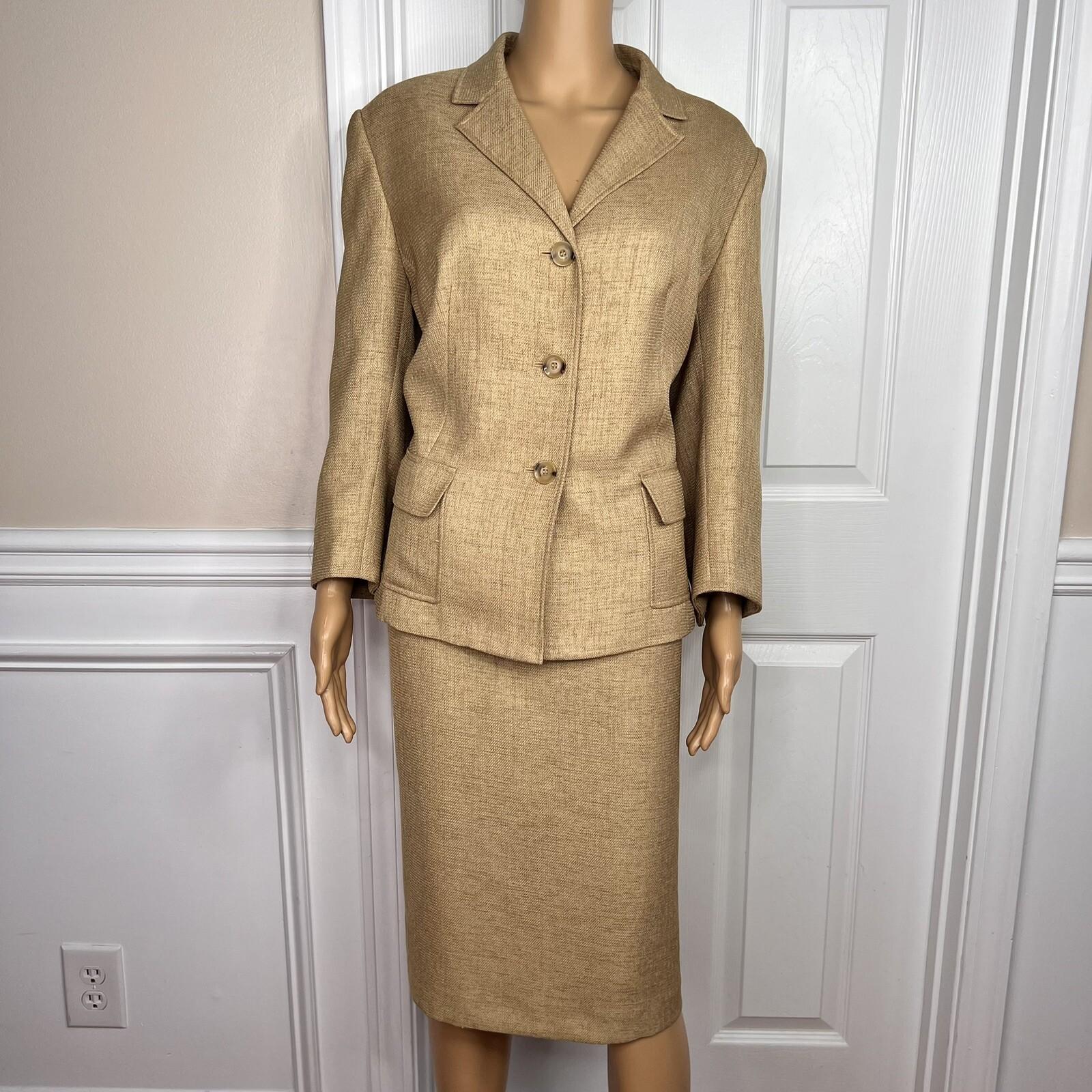 JONES WEAR 2PC Caramel Polyester Lined Notch Collar 3/4 Sleeves Skirt Suit SZ 16