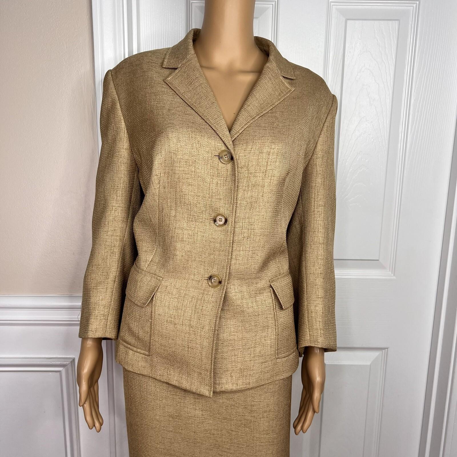 JONES WEAR 2PC Caramel Polyester Lined Notch Collar 3/4 Sleeves Skirt Suit SZ 16