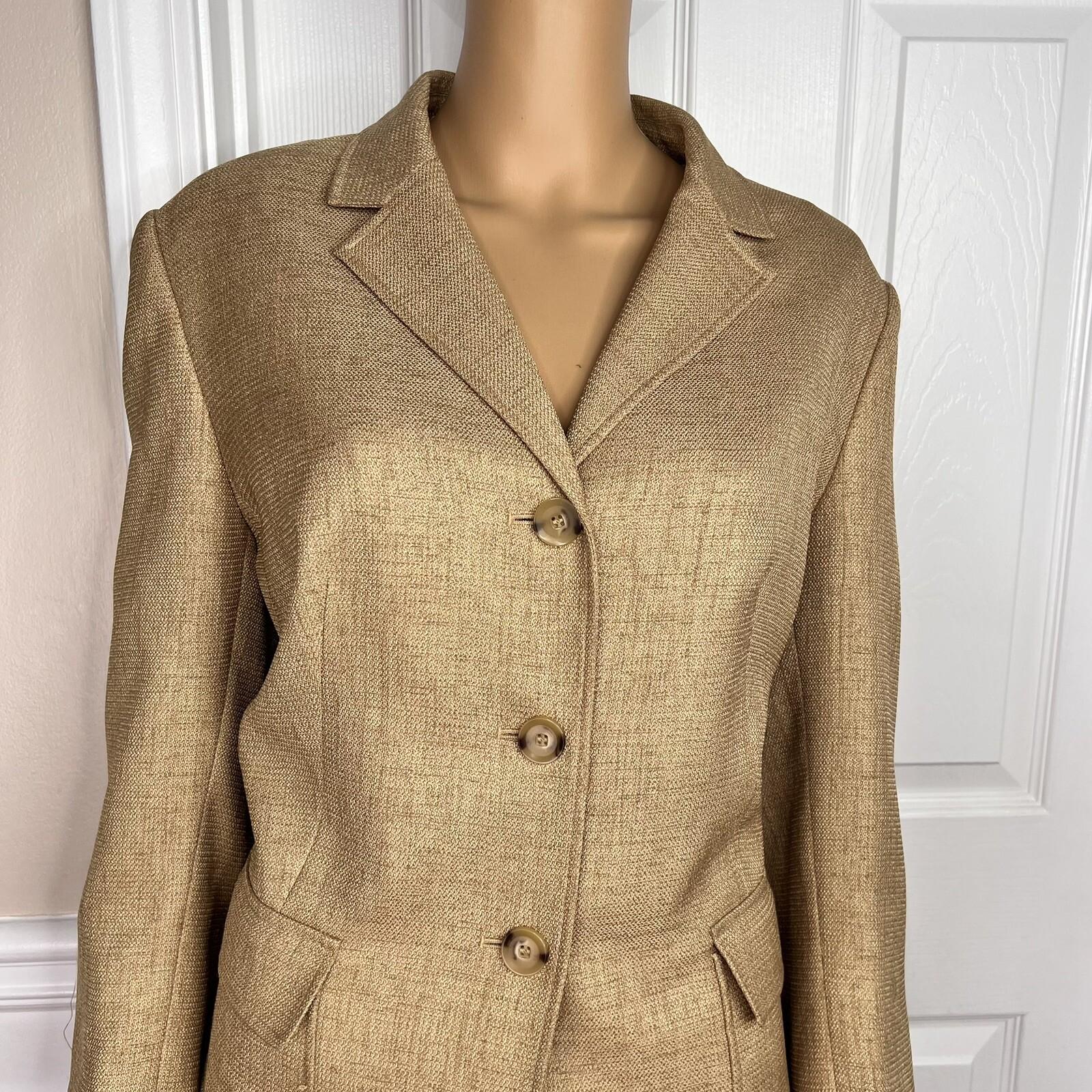 JONES WEAR 2PC Caramel Polyester Lined Notch Collar 3/4 Sleeves Skirt Suit SZ 16
