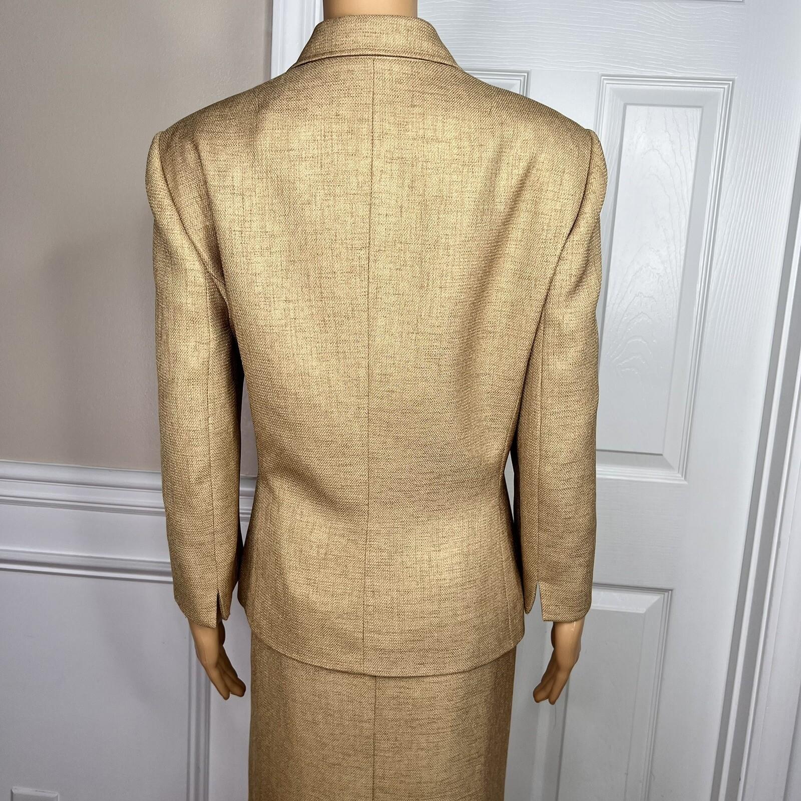 JONES WEAR 2PC Caramel Polyester Lined Notch Collar 3/4 Sleeves Skirt Suit SZ 16