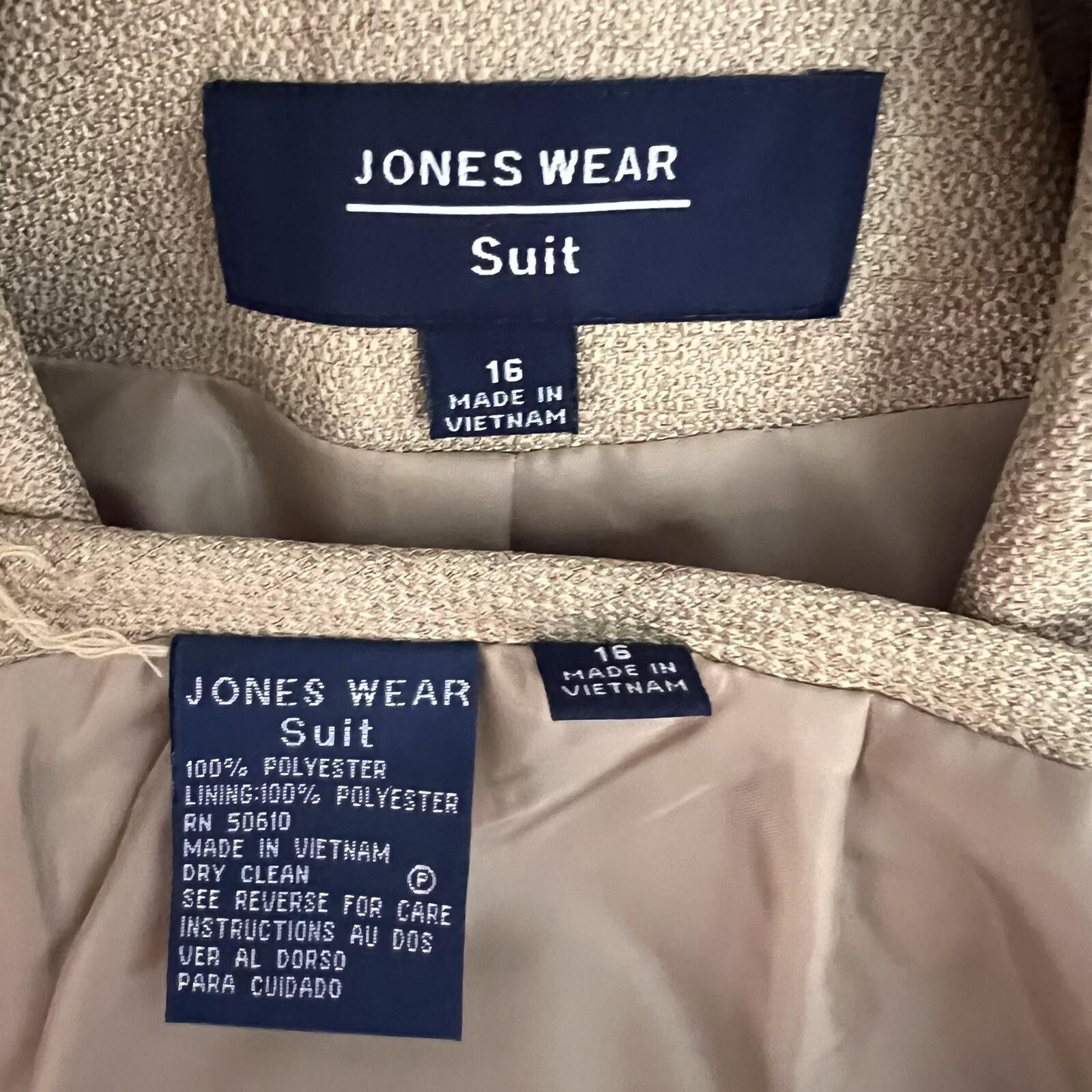 JONES WEAR 2PC Caramel Polyester Lined Notch Collar 3/4 Sleeves Skirt Suit SZ 16