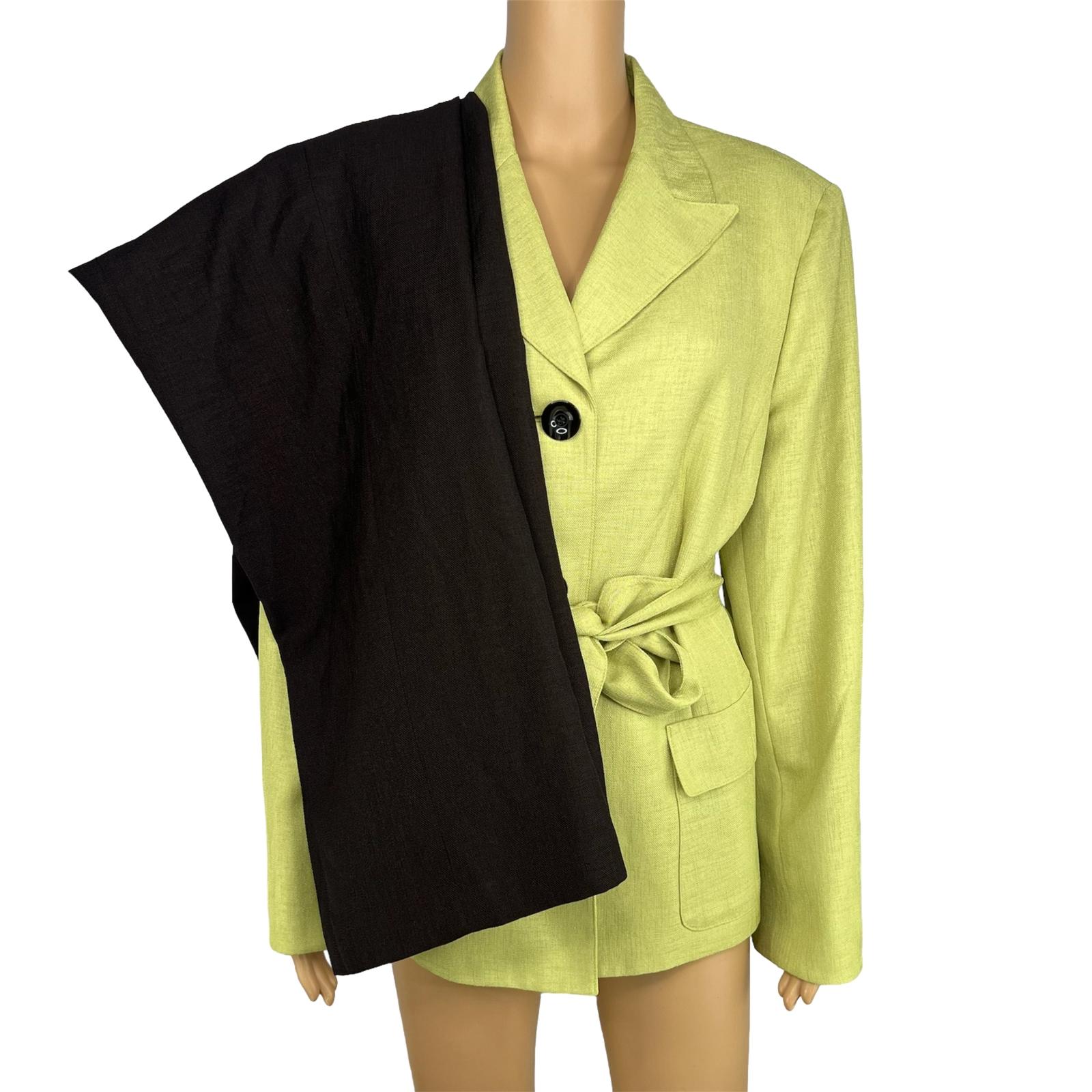 10-8676.jpg Suit Studio Women Polyester Pant Suit Size 18 Green Brown Belted Peak Collar 2PC