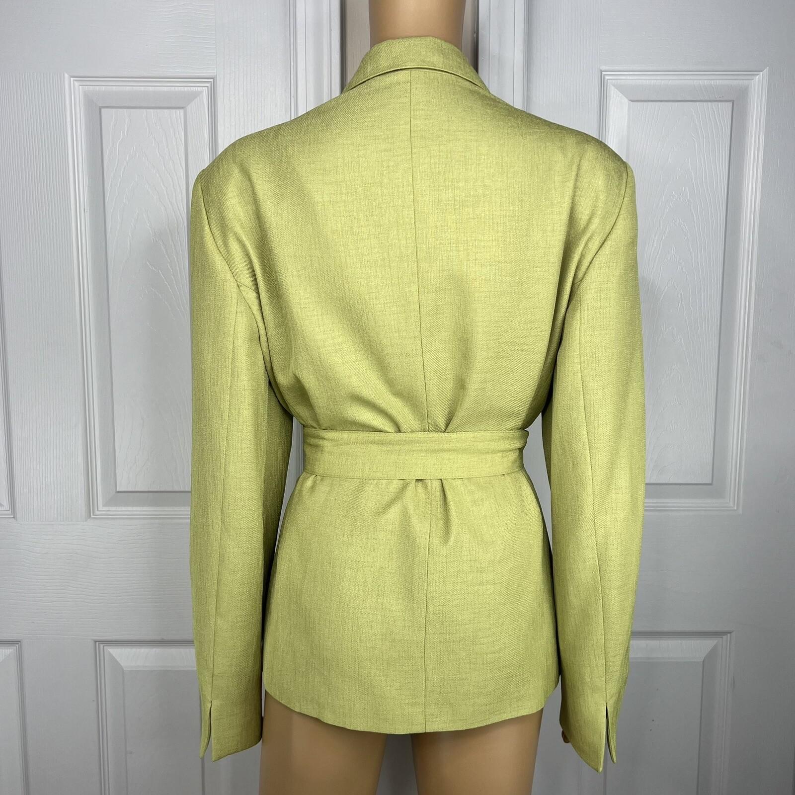 10-8680.jpg Suit Studio Women Polyester Pant Suit Size 18 Green Brown Belted Peak Collar 2PC