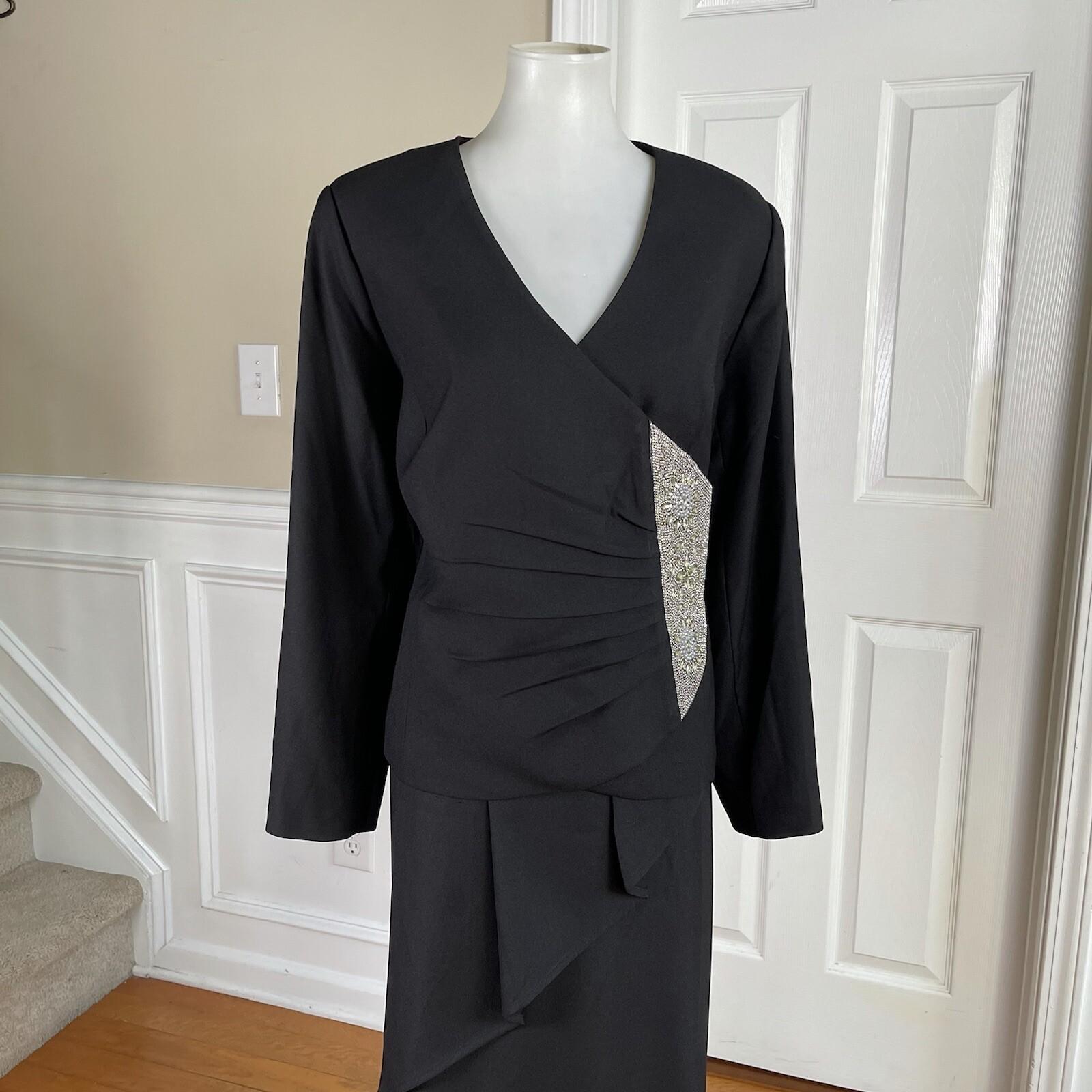 Midnight Velvet Women Polyester Stretch Skirt Suit Size 16W Black Beaded Ruffle