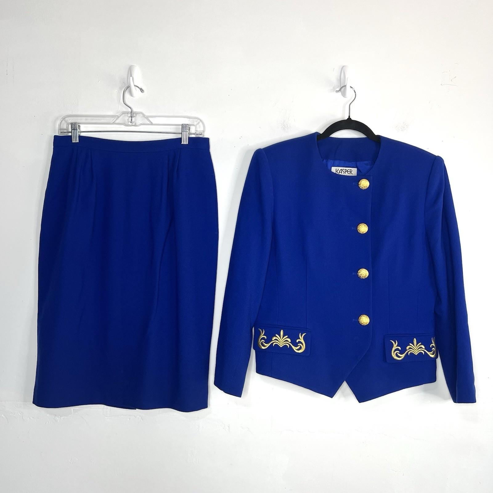 10-8697.jpg KASPER Vintage 2PC Wool Collarless Skirt Suit Size 12P Royal Blue Embroidered