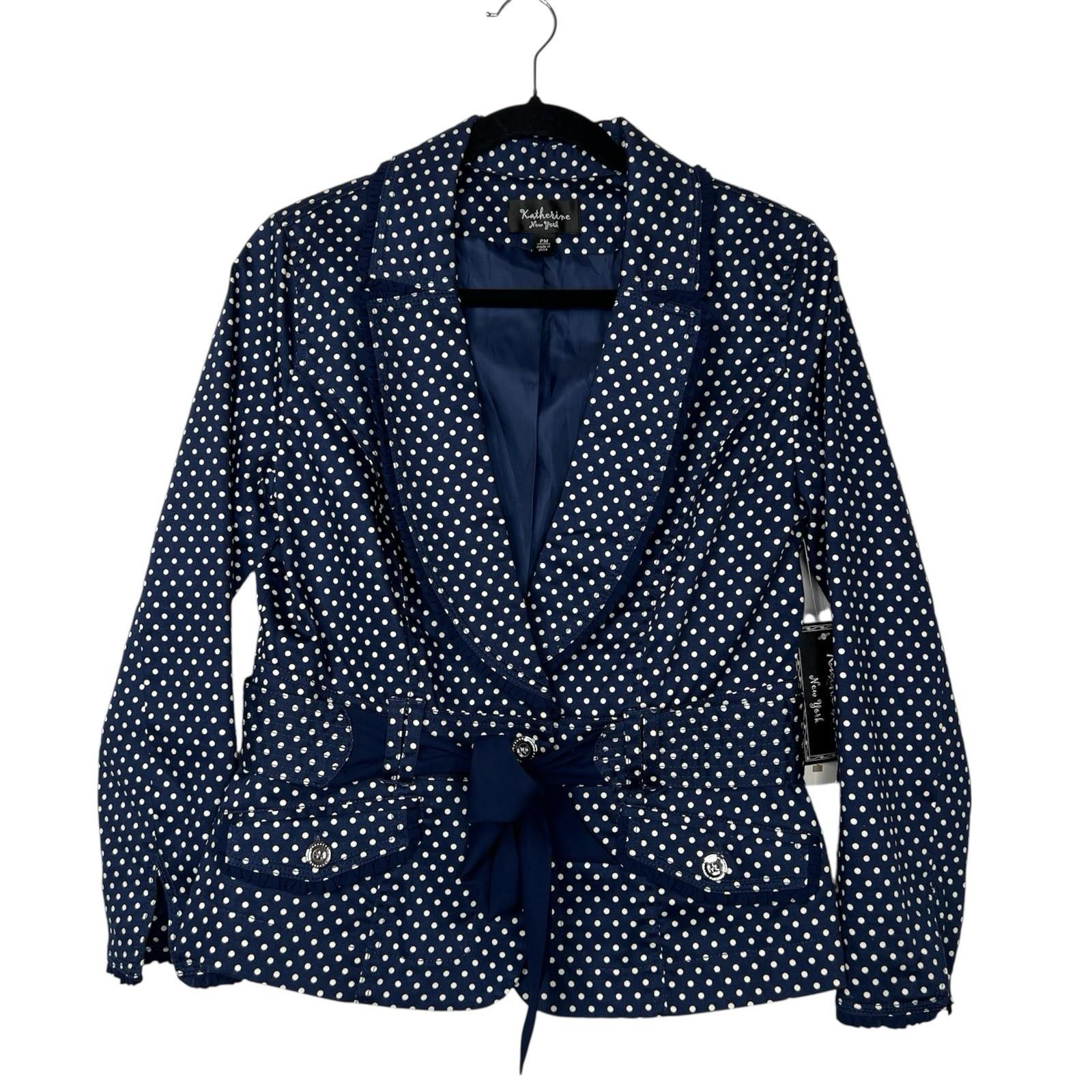 Katherine Women Cotton Spandex Belted Blazer PM Navy Blue Polka Dot Ruffle New