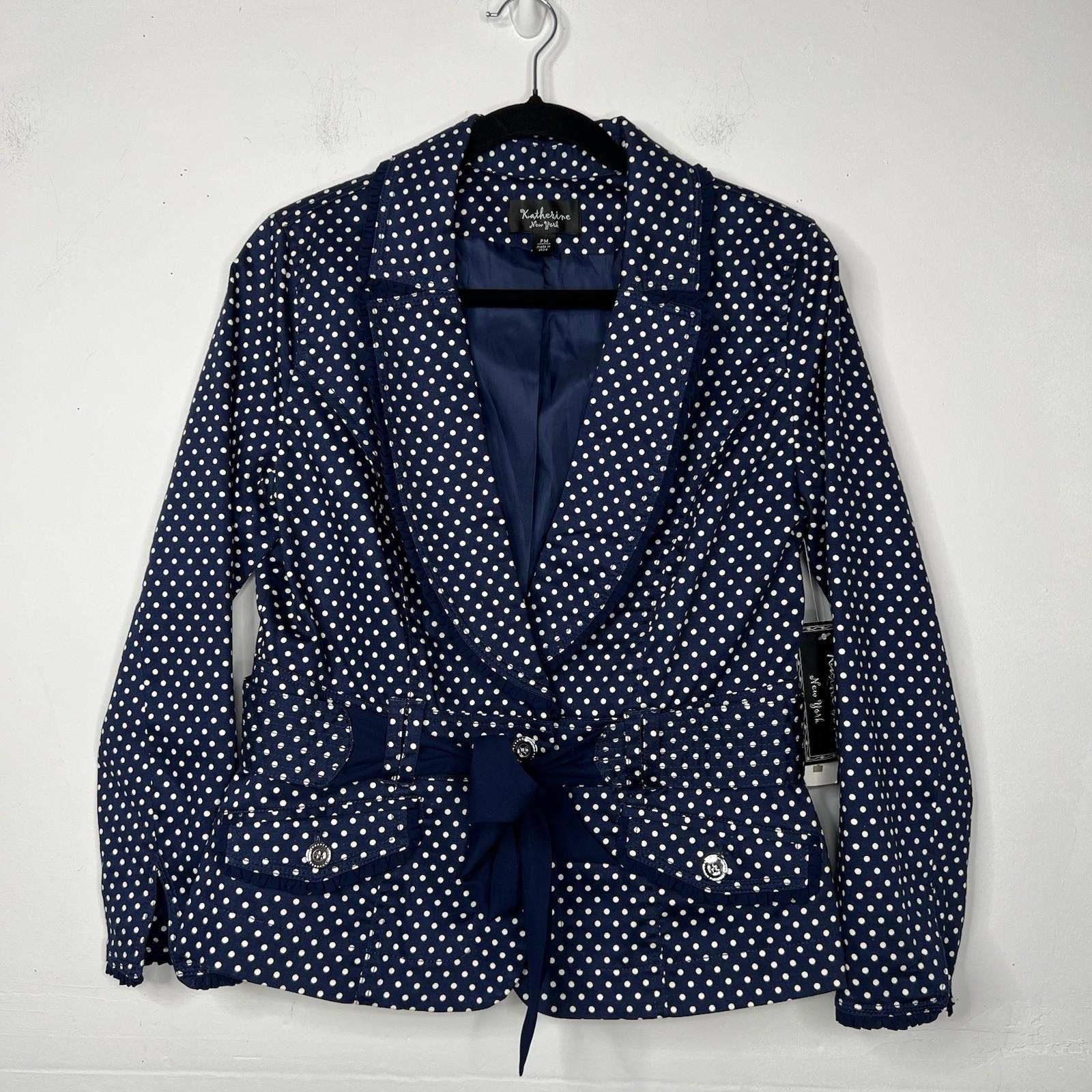 Katherine Women Cotton Spandex Belted Blazer PM Navy Blue Polka Dot Ruffle New