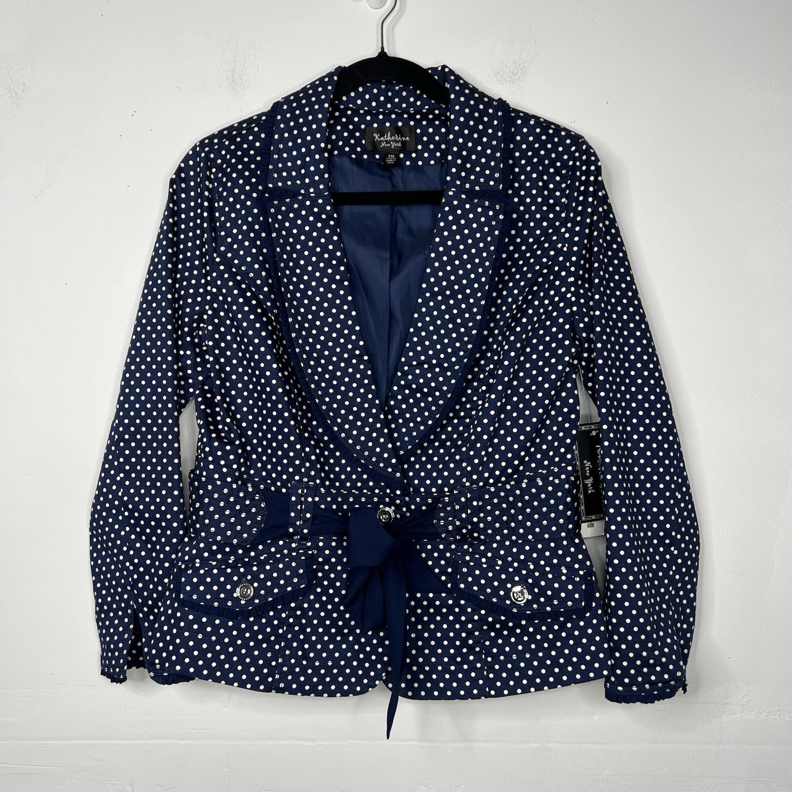 Katherine Women Cotton Spandex Belted Blazer PM Navy Blue Polka Dot Ruffle New