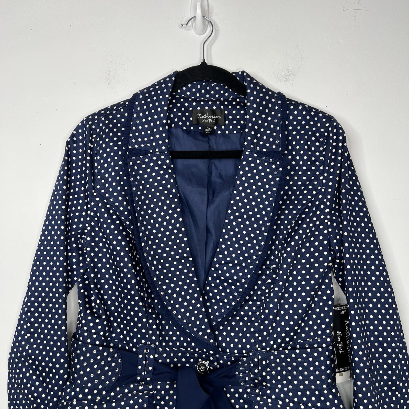 Katherine Women Cotton Spandex Belted Blazer PM Navy Blue Polka Dot Ruffle New