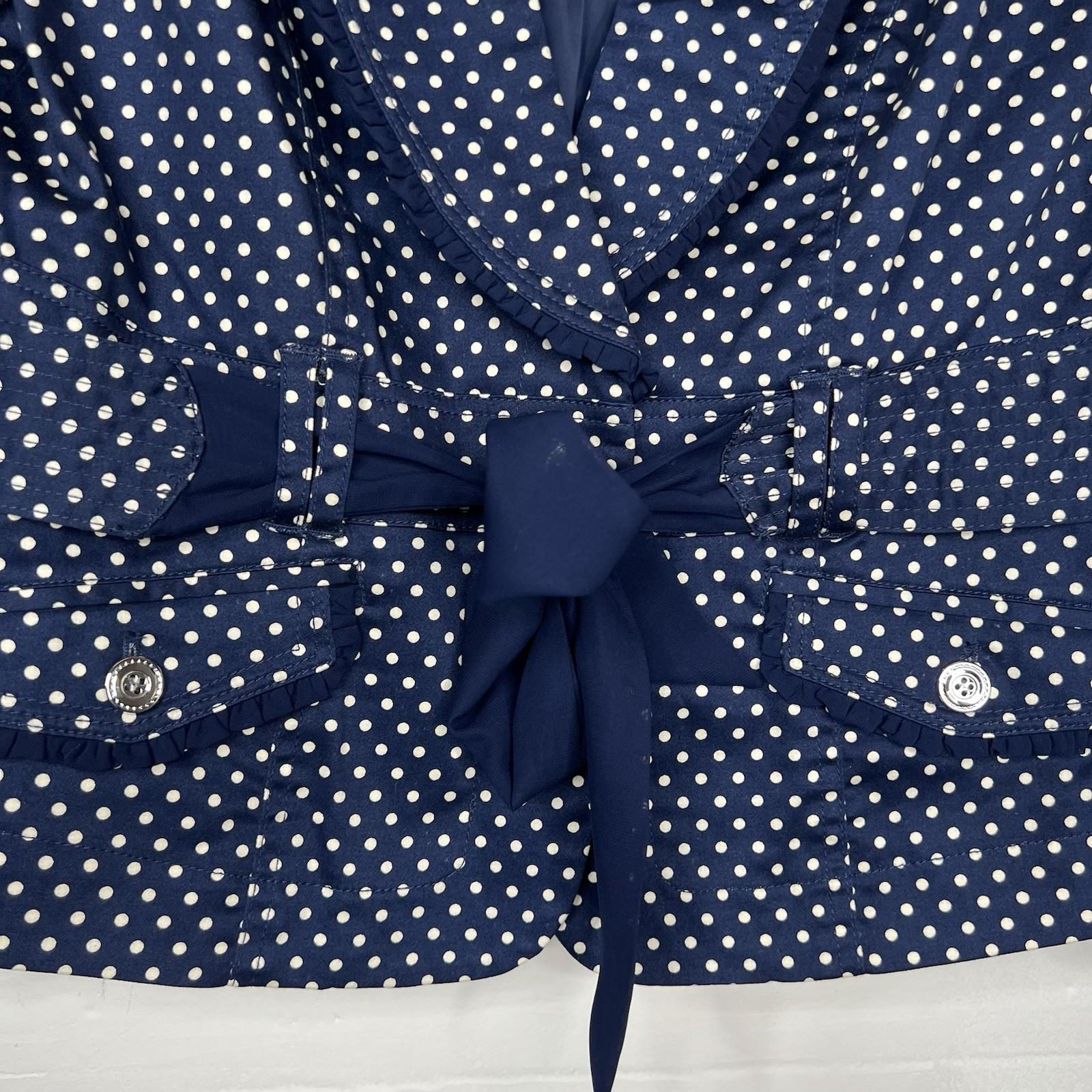 Katherine Women Cotton Spandex Belted Blazer PM Navy Blue Polka Dot Ruffle New