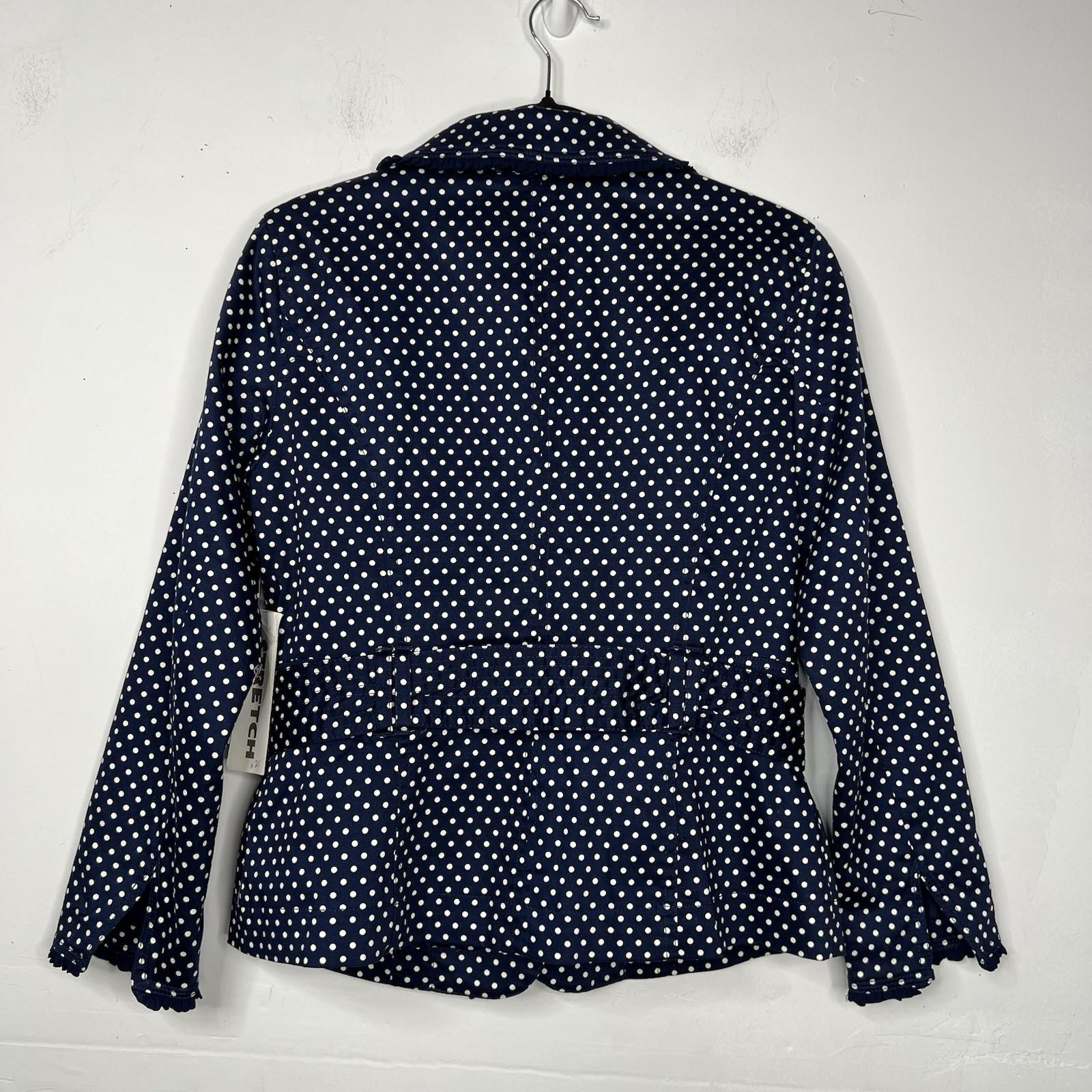 Katherine Women Cotton Spandex Belted Blazer PM Navy Blue Polka Dot Ruffle New