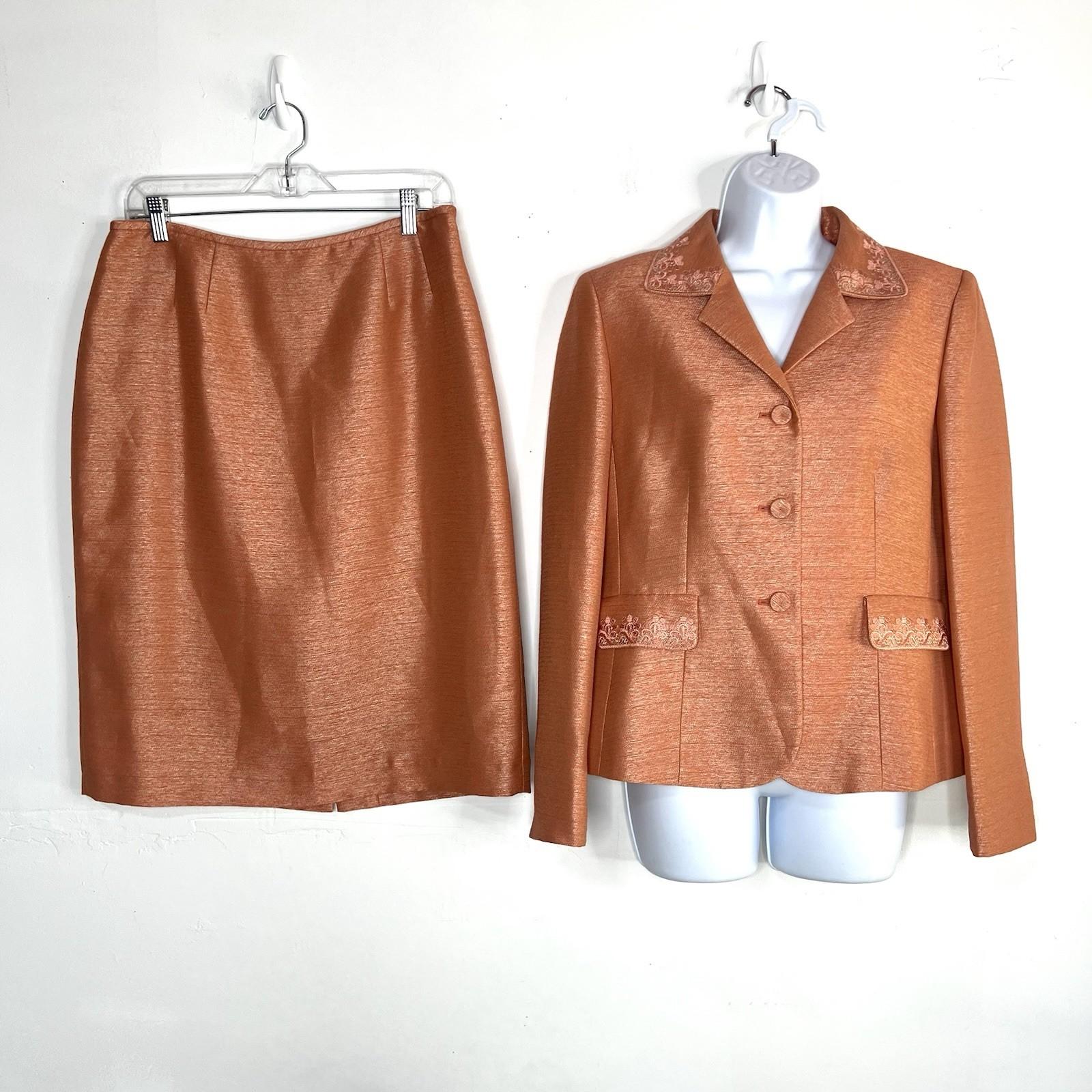 Kasper Polyester Rayon Skirt Suit 10 Orange Notch Collar Embroidered Lined 2PC