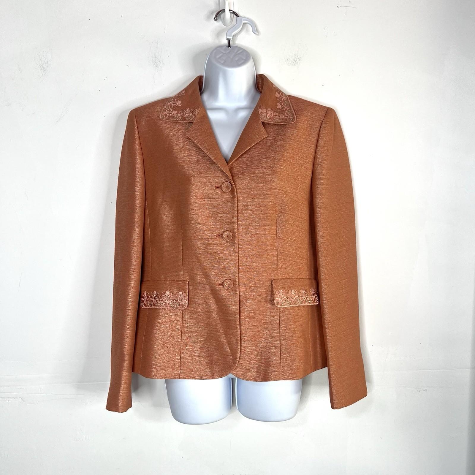 Kasper Polyester Rayon Skirt Suit 10 Orange Notch Collar Embroidered Lined 2PC