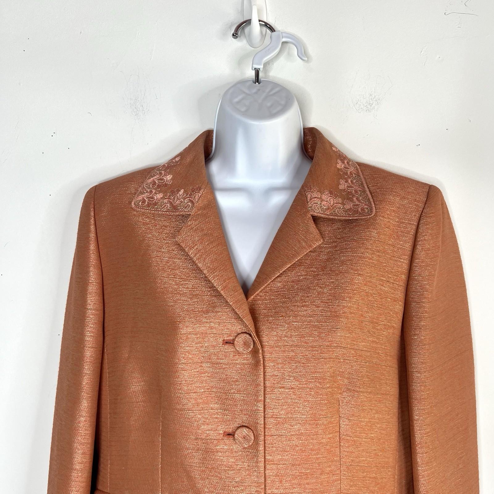 Kasper Polyester Rayon Skirt Suit 10 Orange Notch Collar Embroidered Lined 2PC