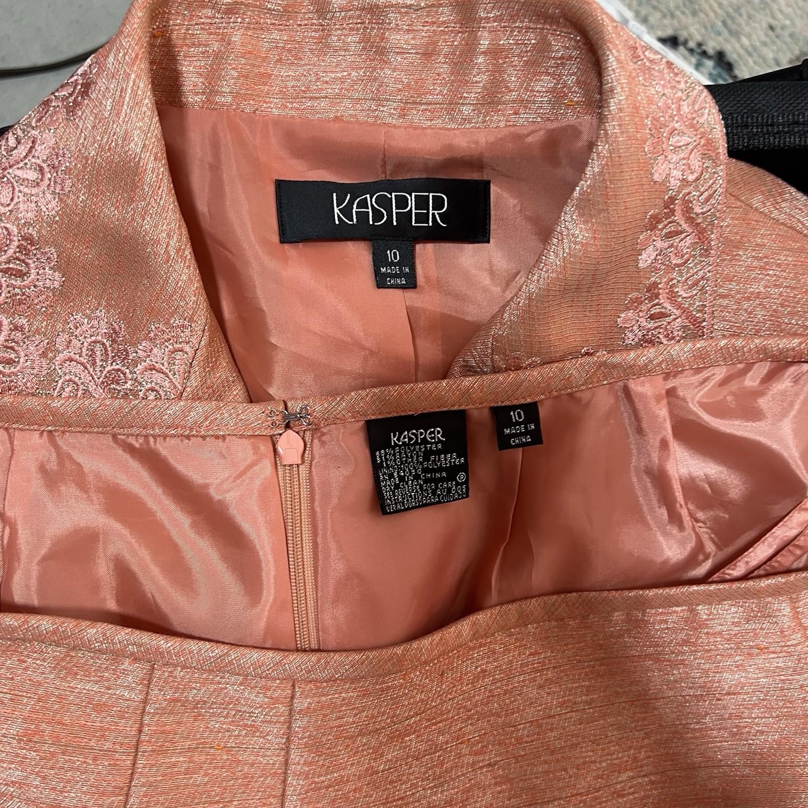 Kasper Polyester Rayon Skirt Suit 10 Orange Notch Collar Embroidered Lined 2PC
