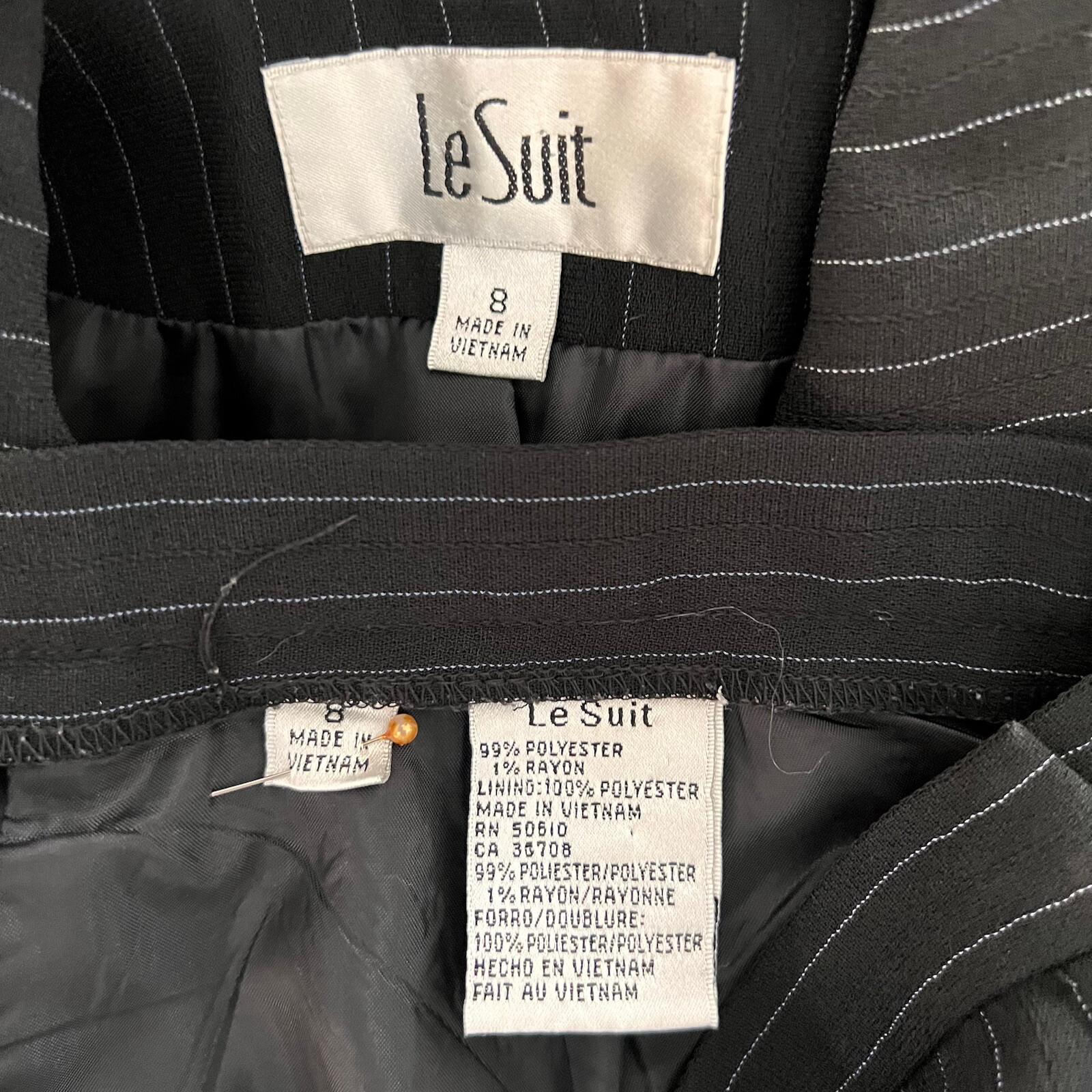 LE SUIT Women 2PC Black Striped Polyester Rayon Lined Career Pant Suit Size 8