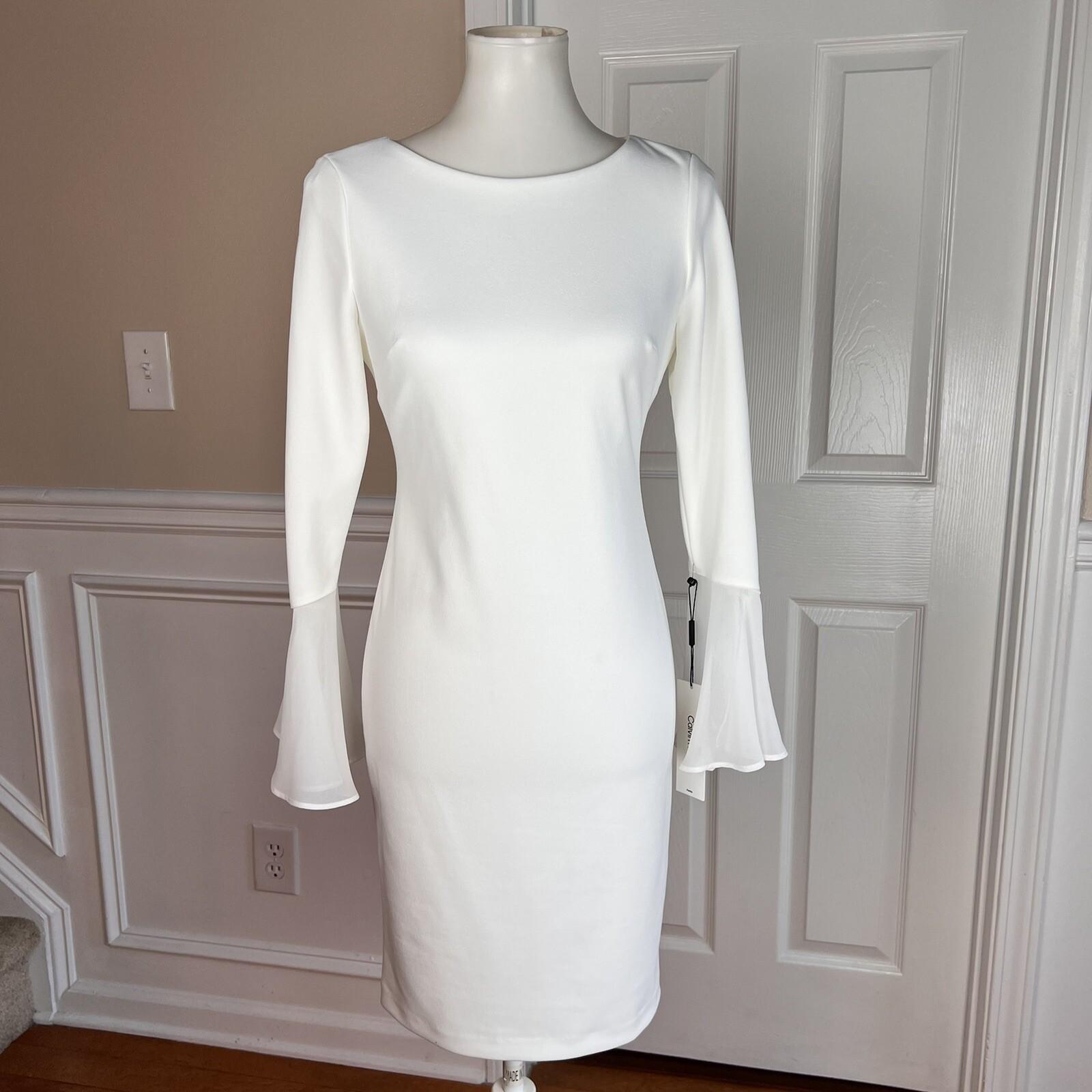 10-8802.jpg New CALVIN KLEIN White Polyester Rayon Spandex Lined Bell Sleeve Dress 6P