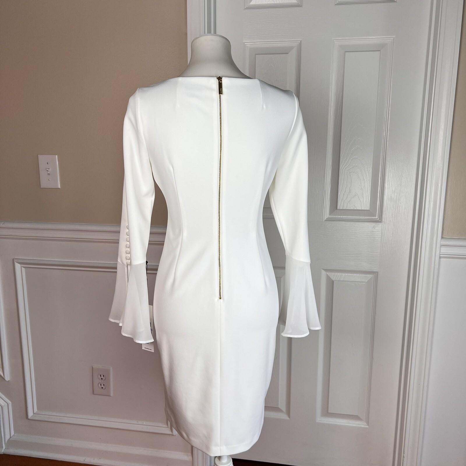 10-8807.jpg New CALVIN KLEIN White Polyester Rayon Spandex Lined Bell Sleeve Dress 6P