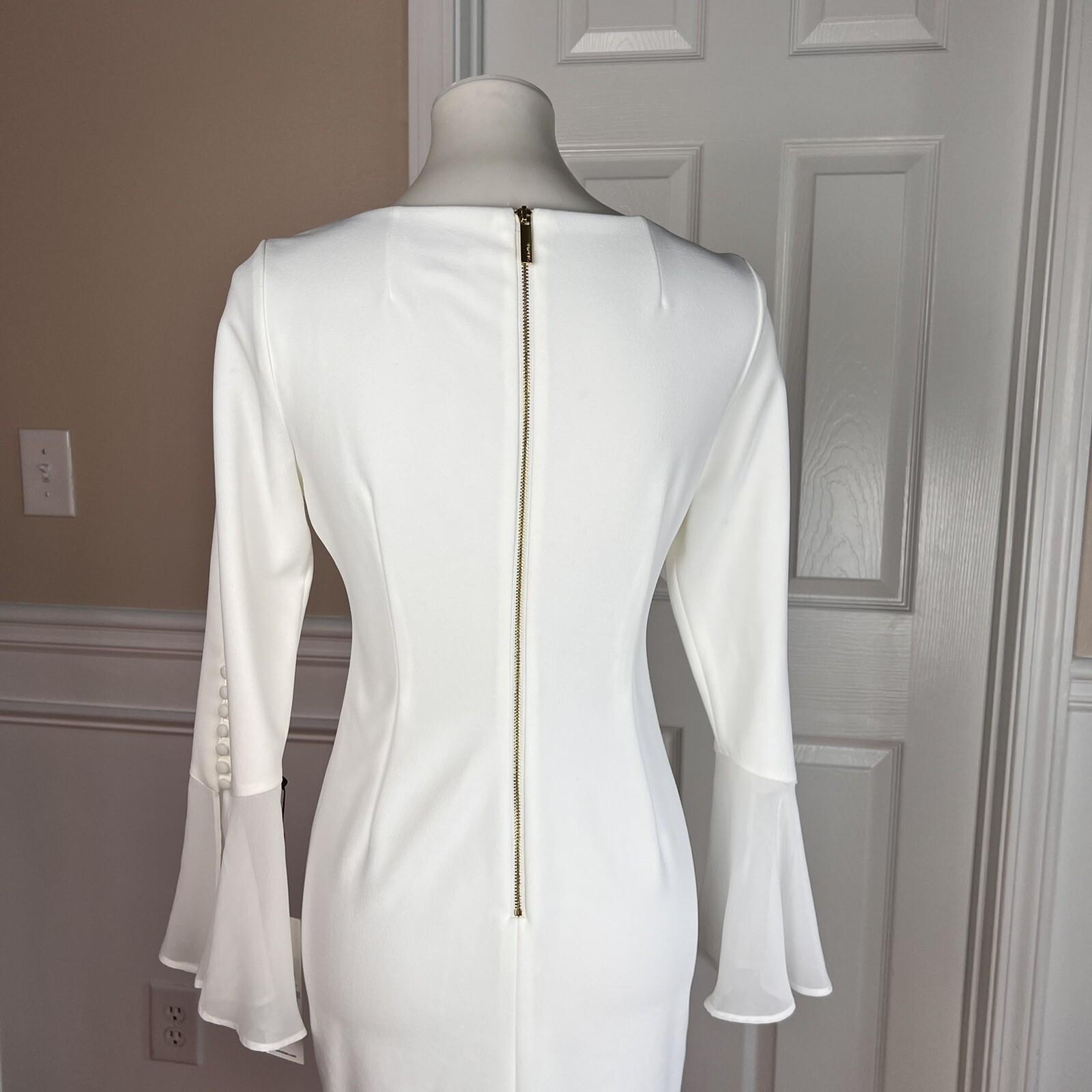10-8808.jpg New CALVIN KLEIN White Polyester Rayon Spandex Lined Bell Sleeve Dress 6P