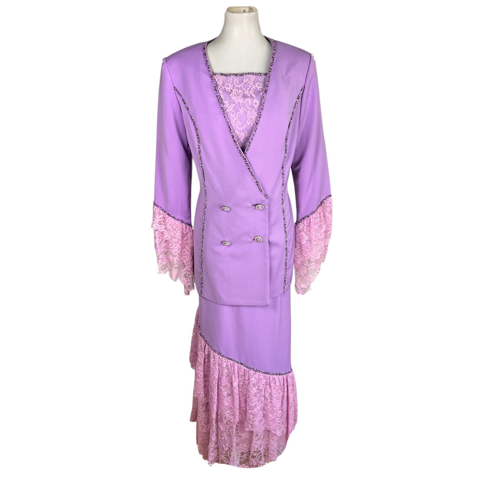 DONNA VINCI Lavender Beaded Double Breasted Polyester Ruffle Skirt Suit SZ 10