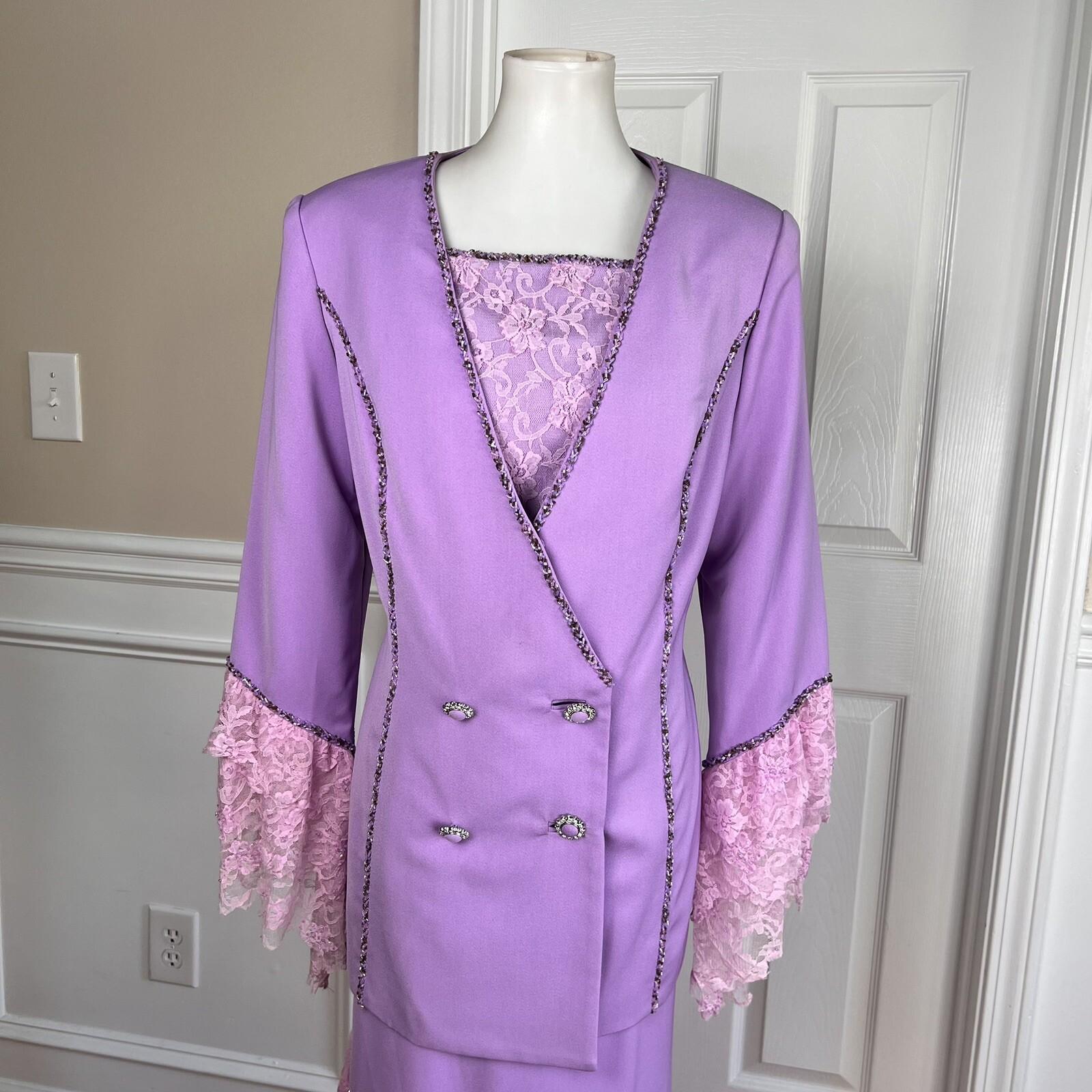DONNA VINCI Lavender Beaded Double Breasted Polyester Ruffle Skirt Suit SZ 10