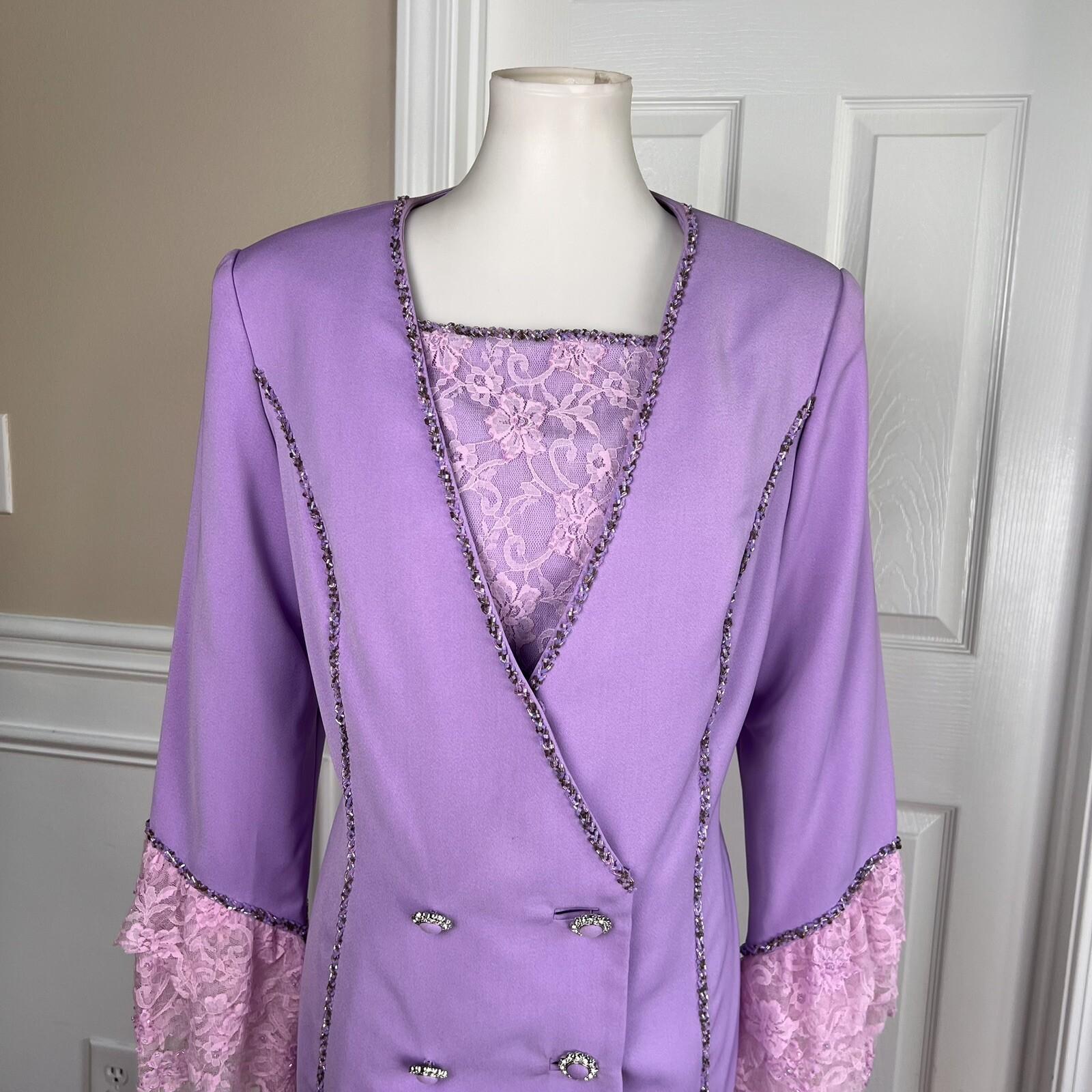 DONNA VINCI Lavender Beaded Double Breasted Polyester Ruffle Skirt Suit SZ 10