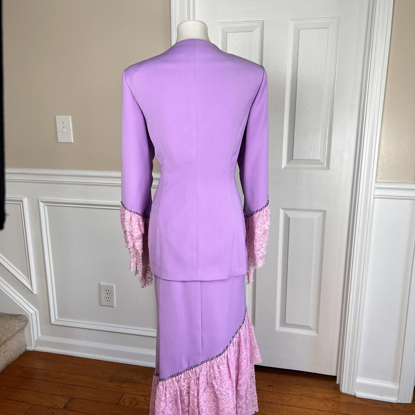 DONNA VINCI Lavender Beaded Double Breasted Polyester Ruffle Skirt Suit SZ 10