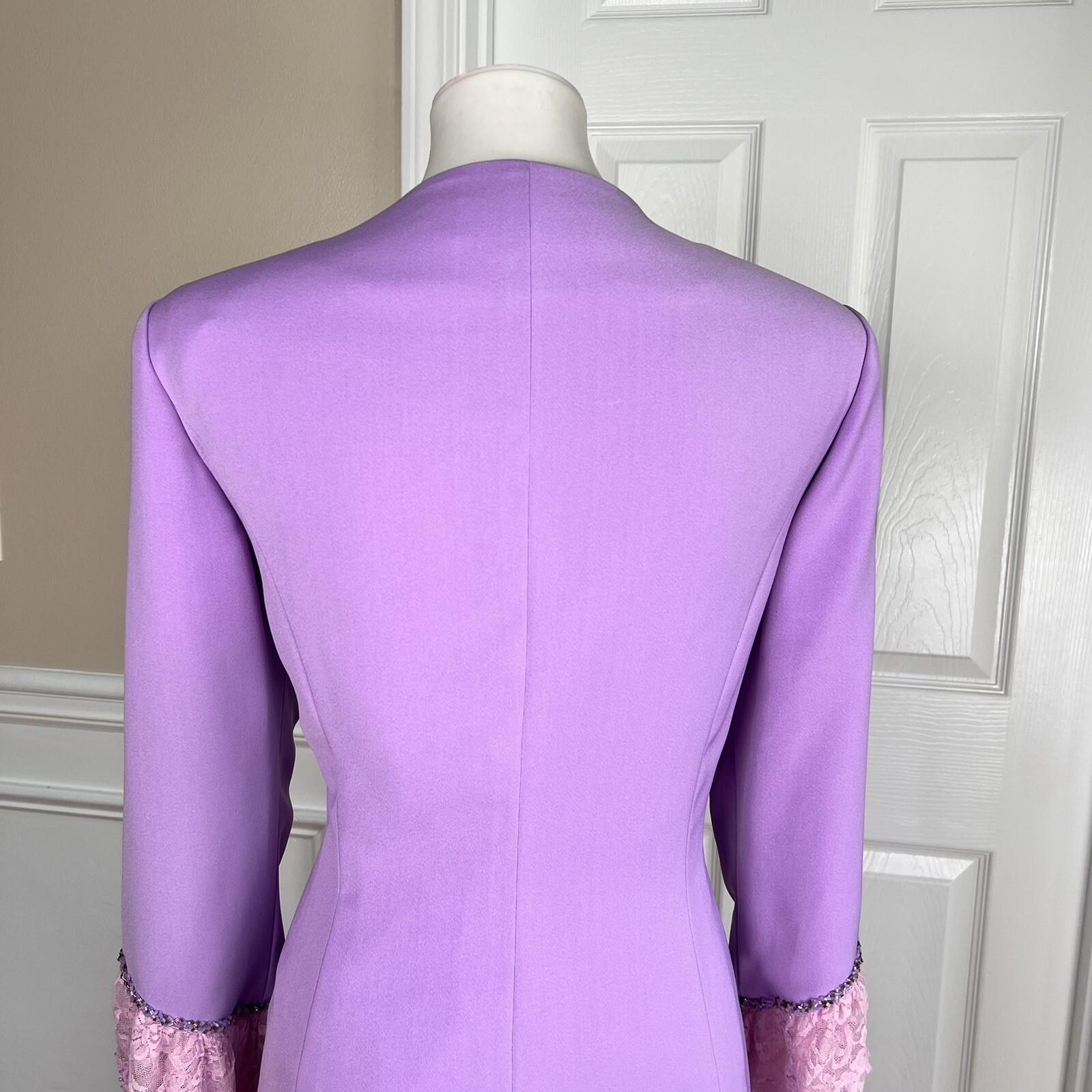DONNA VINCI Lavender Beaded Double Breasted Polyester Ruffle Skirt Suit SZ 10
