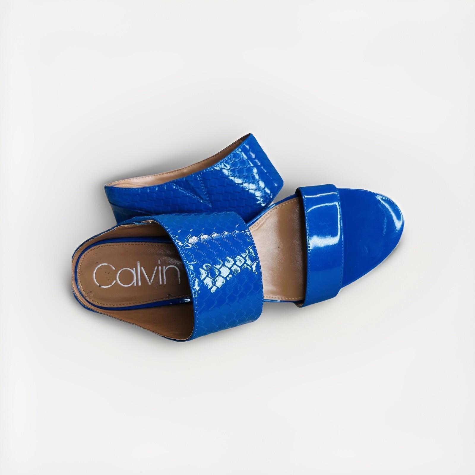 Calvin Klein leather python slide sandals 9M Blue 2 band heels shoes stiletto