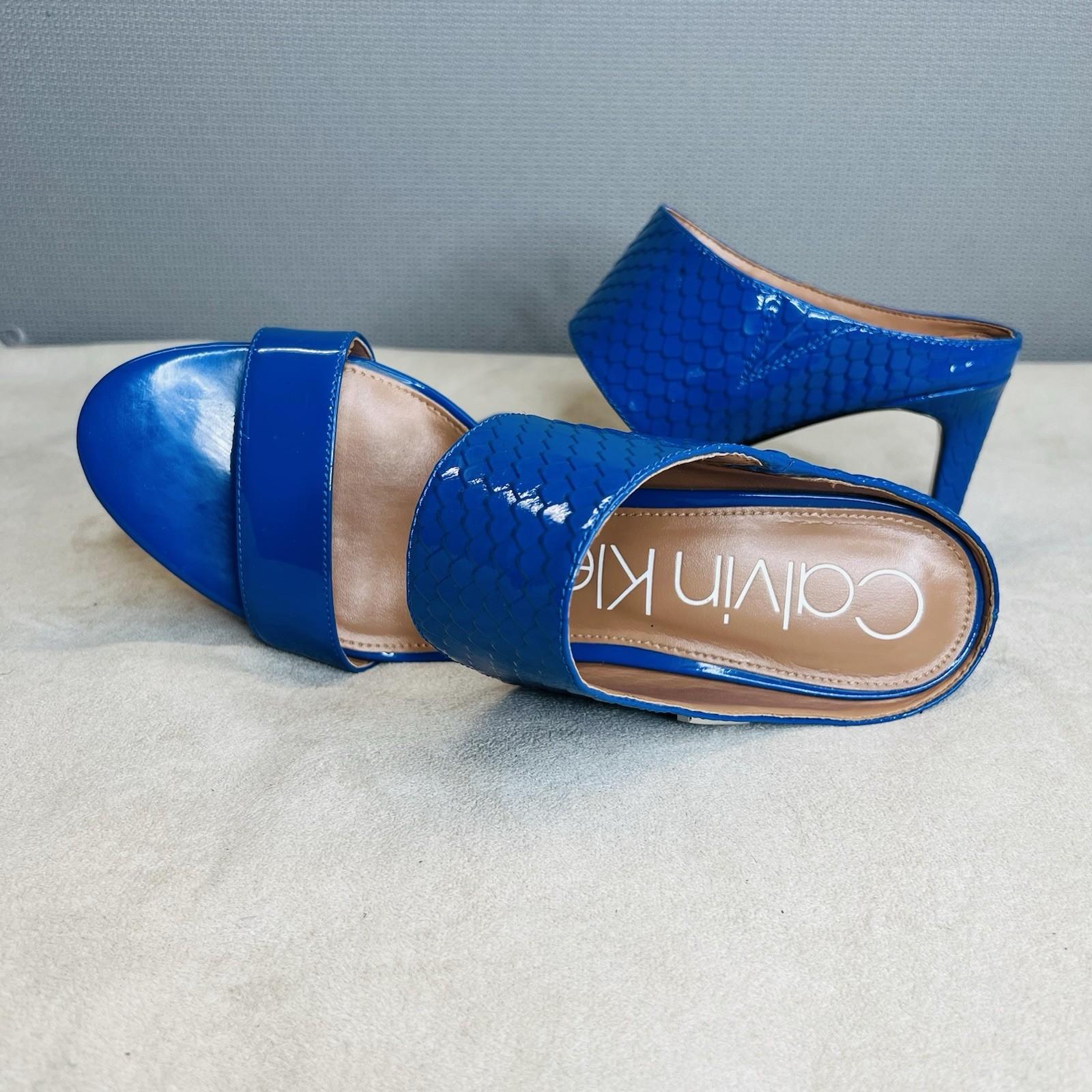 Calvin Klein leather python slide sandals 9M Blue 2 band heels shoes stiletto