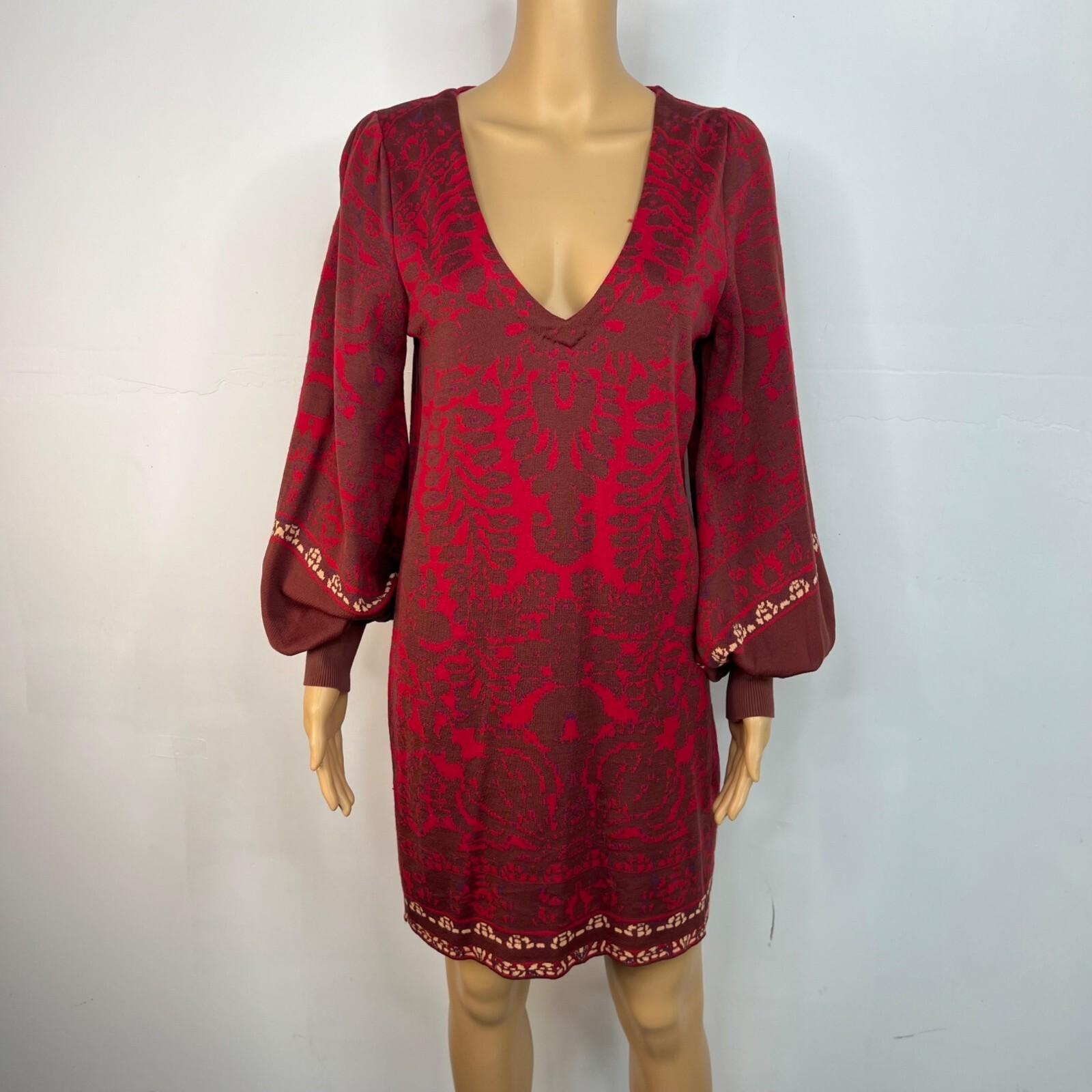 Free People Knit Sweater Dress XS Red Music Lyrics Print V-Neck Long Sleeves
