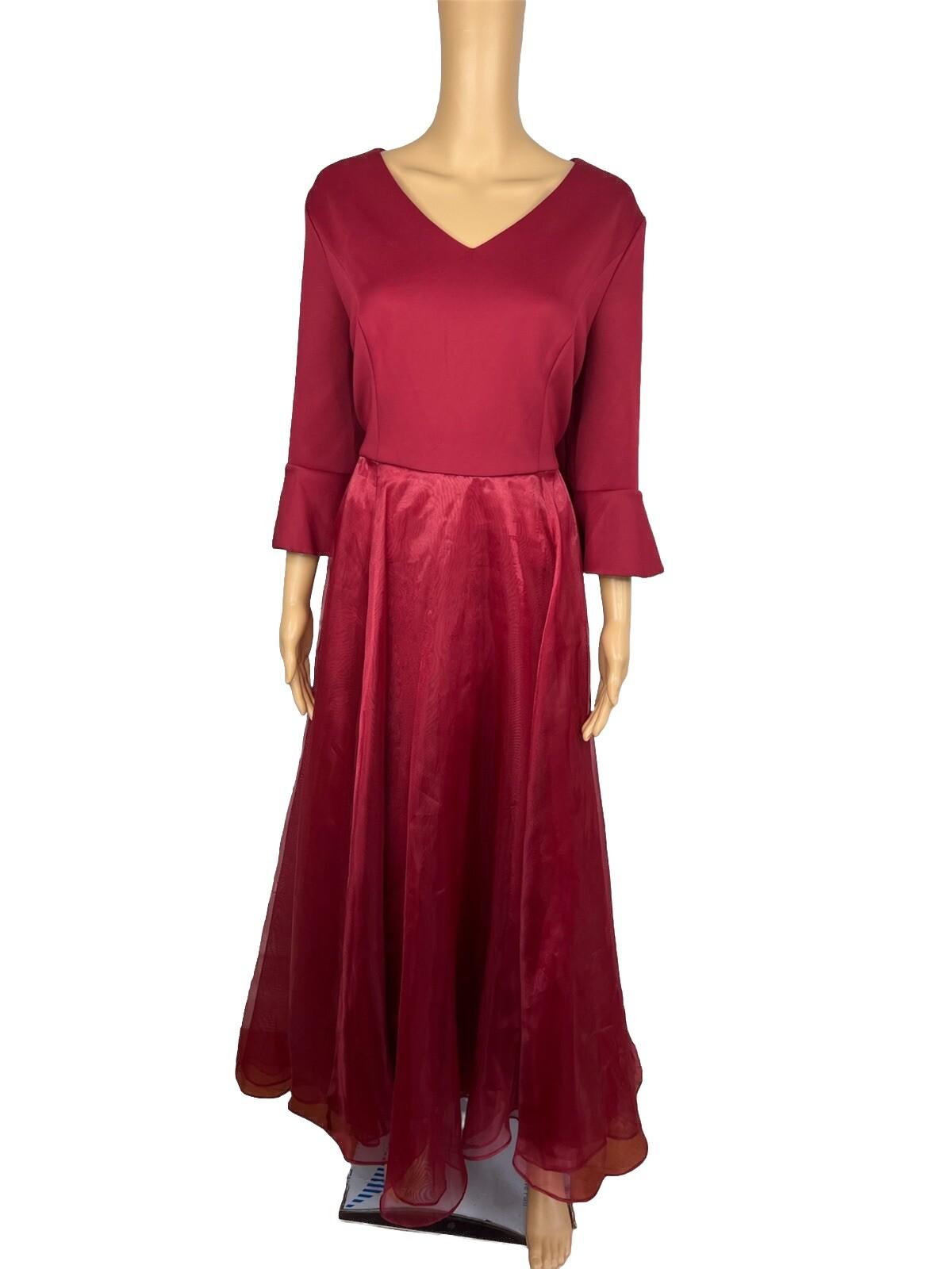 10-96.jpg Terramina NY Polyester Dress 12 Maroon Fit Flare Formal Party Maxi Bell Sleeves