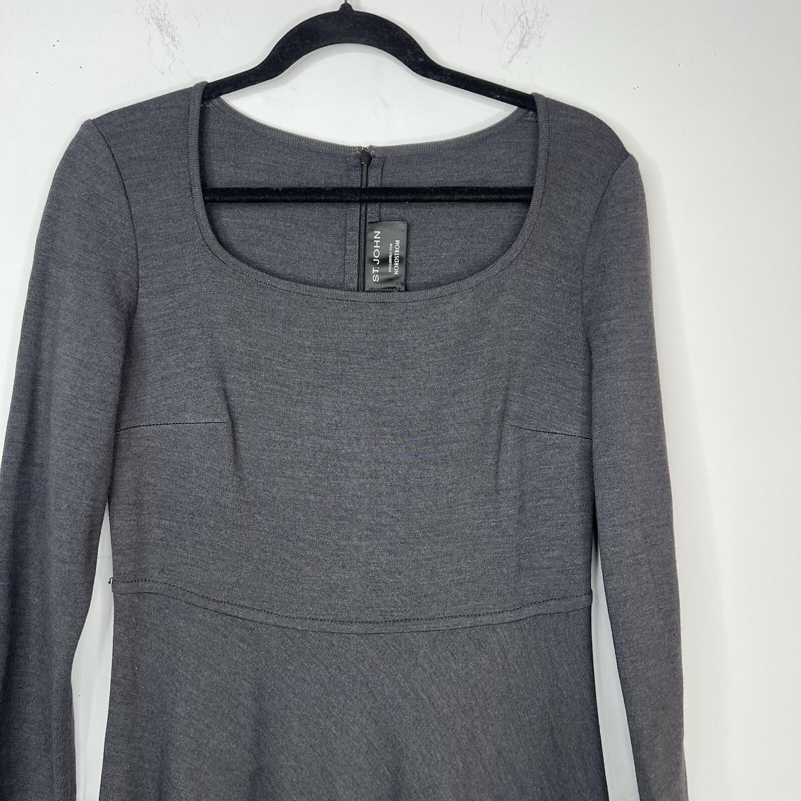 St John Milano Knit Dress Size 8 Gray Scoop Neck Drop Waist Flared Quiet Luxury