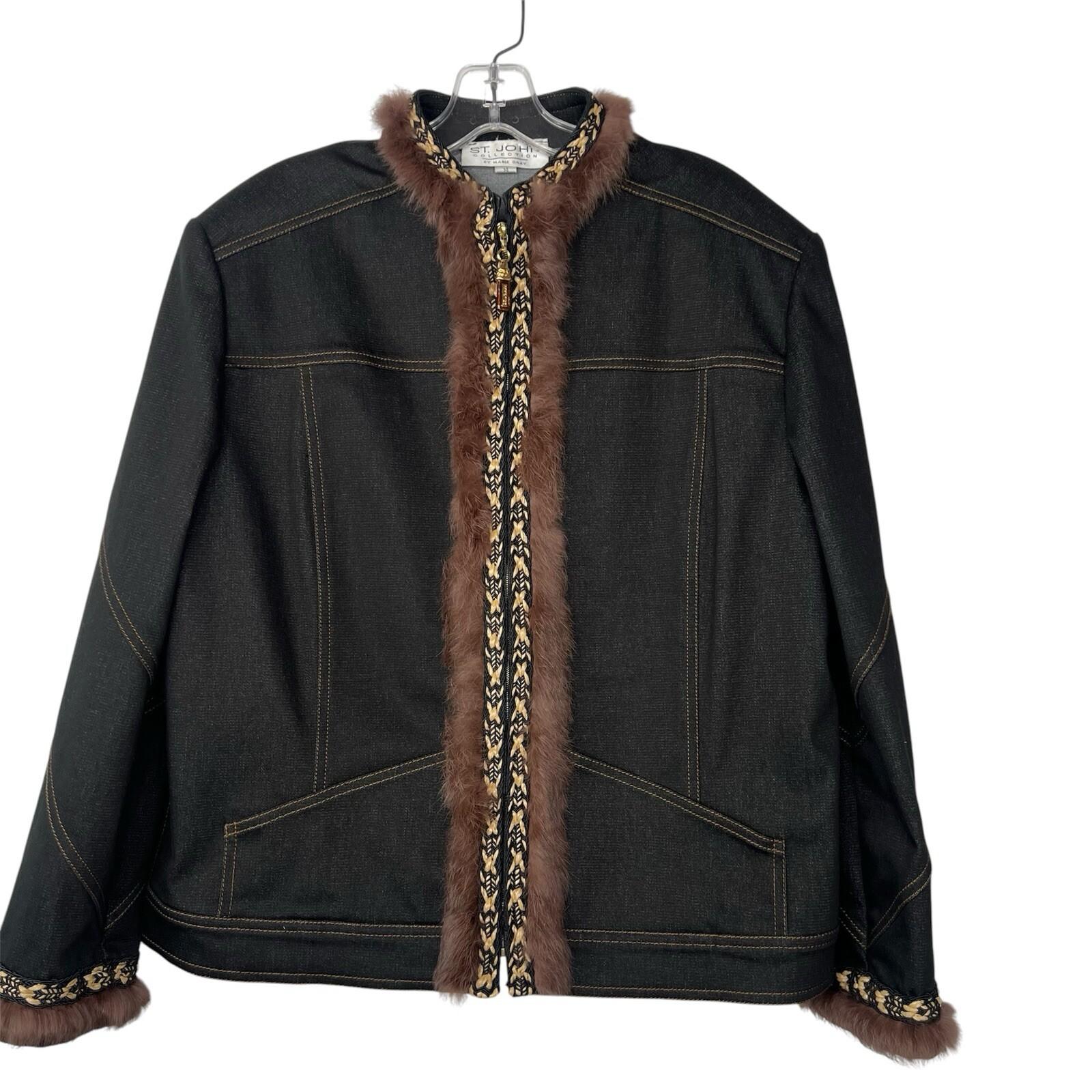 St John Collection Denim Jacket Size 14 Fur Trim Black Woven Raffia Full Zip
