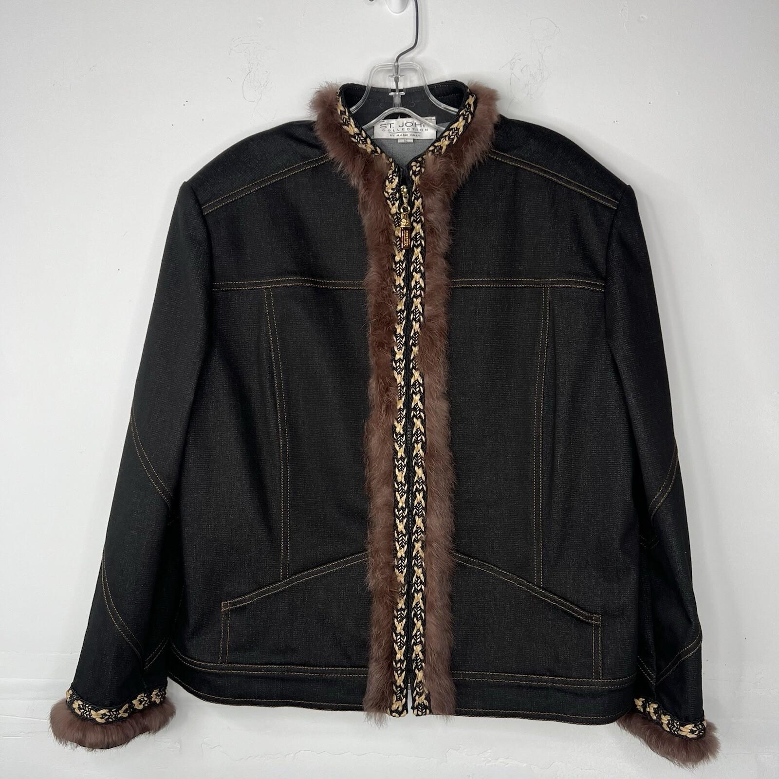 St John Collection Denim Jacket Size 14 Fur Trim Black Woven Raffia Full Zip
