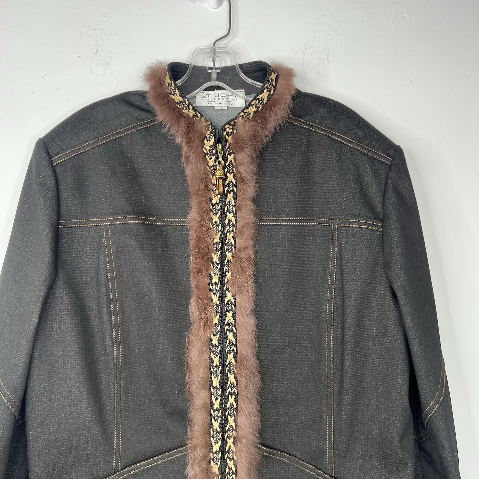 St John Collection Denim Jacket Size 14 Fur Trim Black Woven Raffia Full Zip